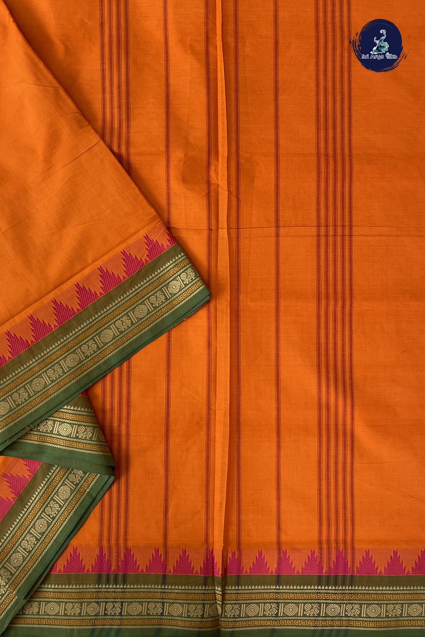 Yellowish Orange 10 Yards Madisar Cotton Saree With Plain Pattern