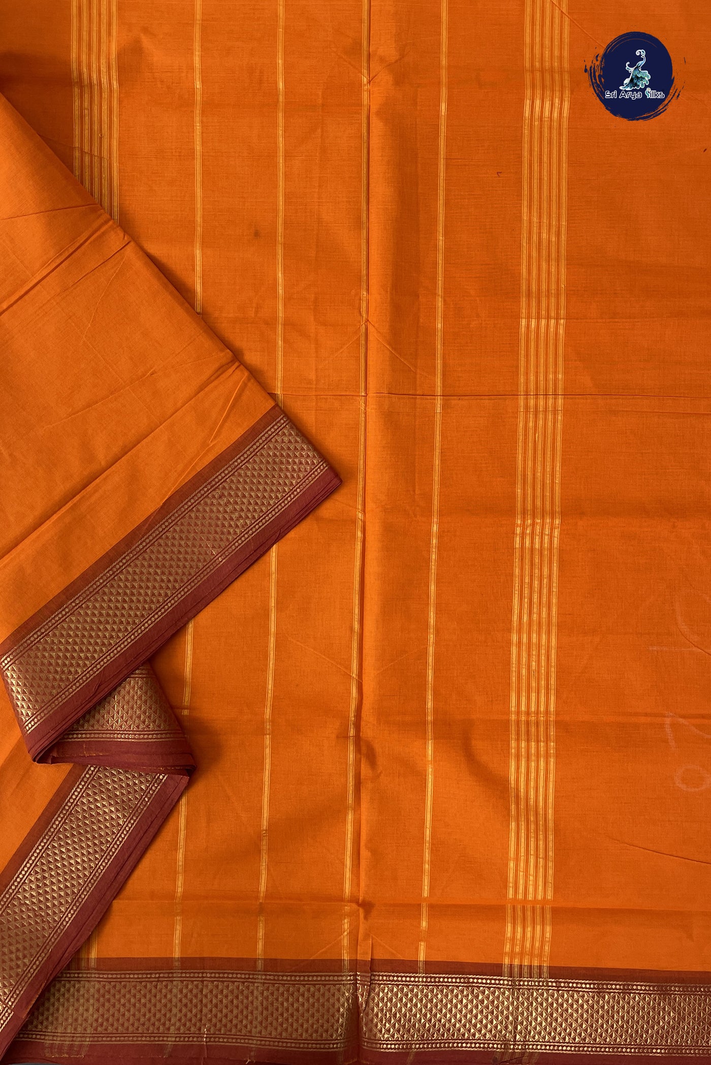 Yellowish Orange 10 Yards Madisar Cotton Saree With Plain Pattern