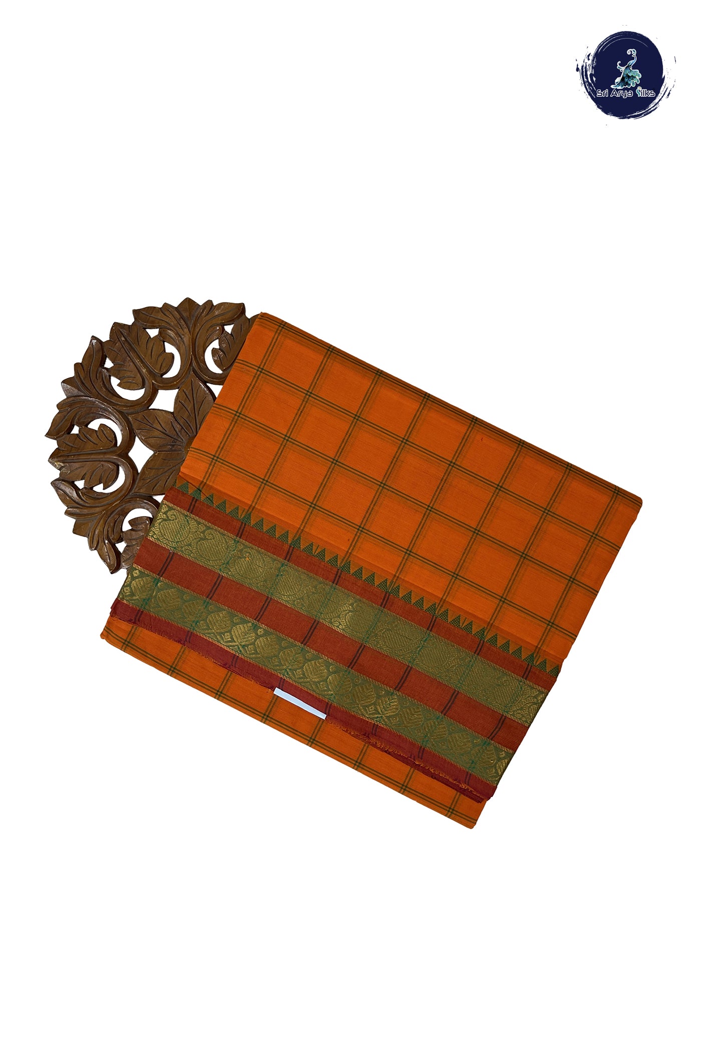 Yellowish Orange 10 Yards Madisar Cotton Saree With Checked Pattern