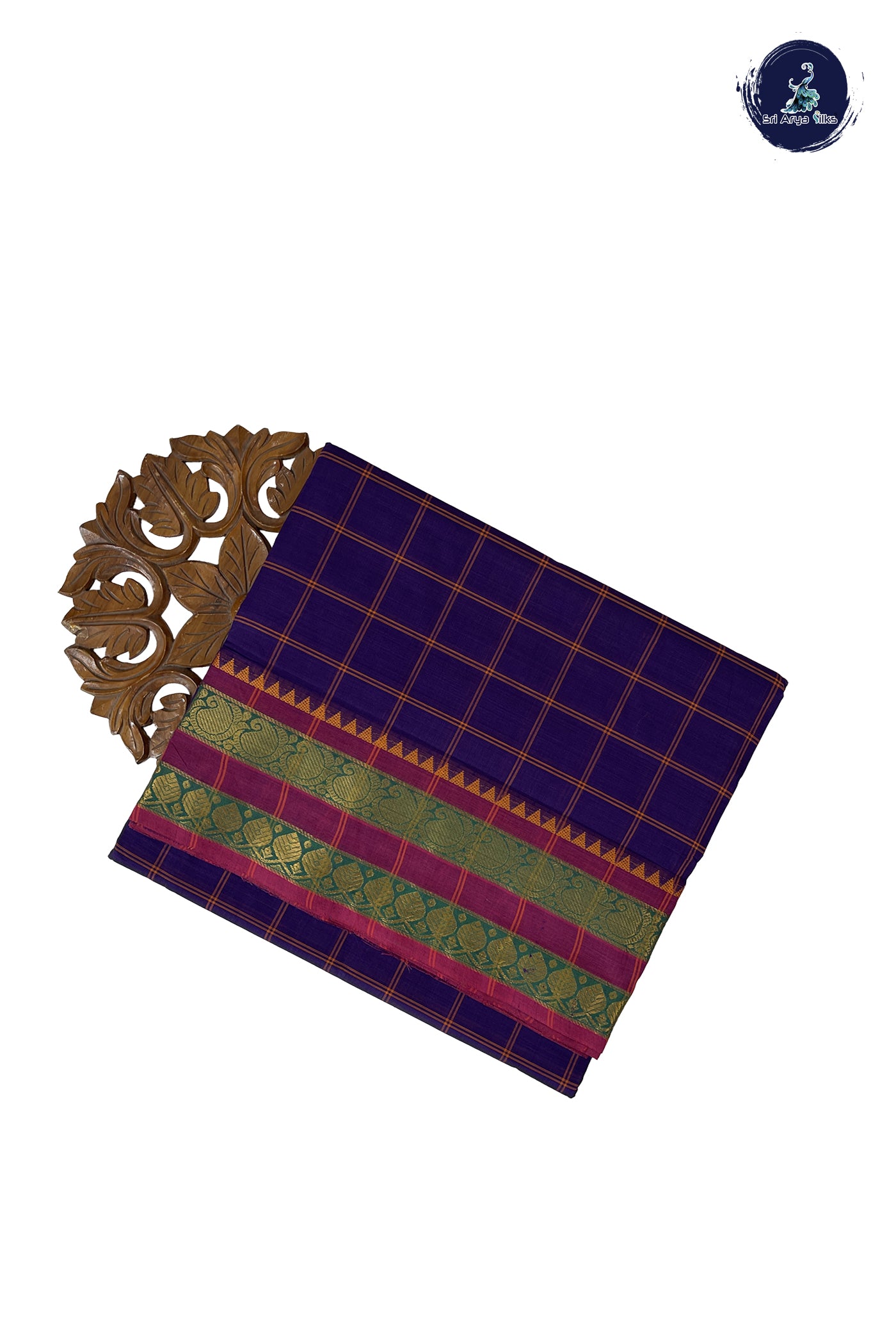Violet 10 Yards Madisar Cotton Saree With Checked Pattern