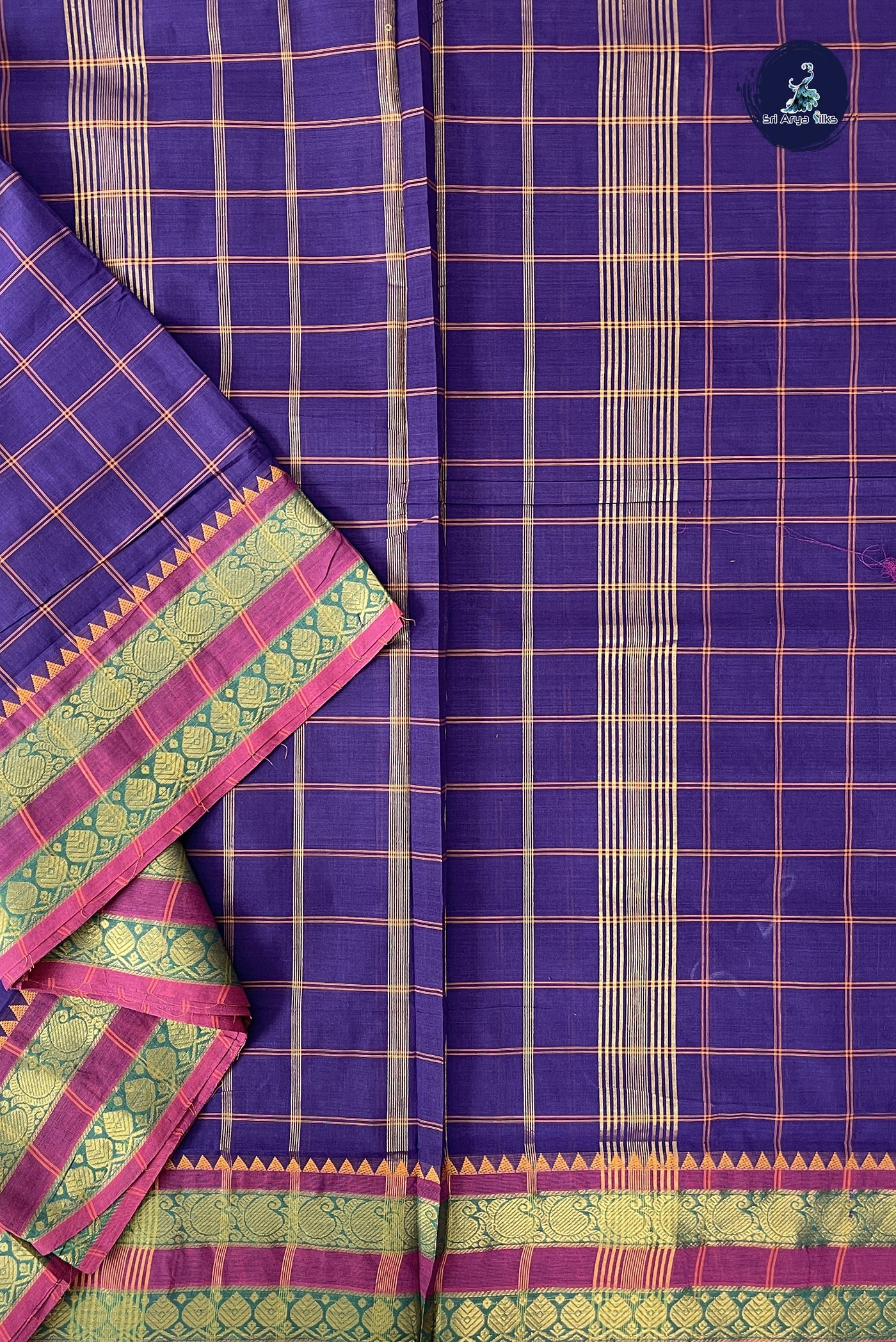Violet 10 Yards Madisar Cotton Saree With Checked Pattern