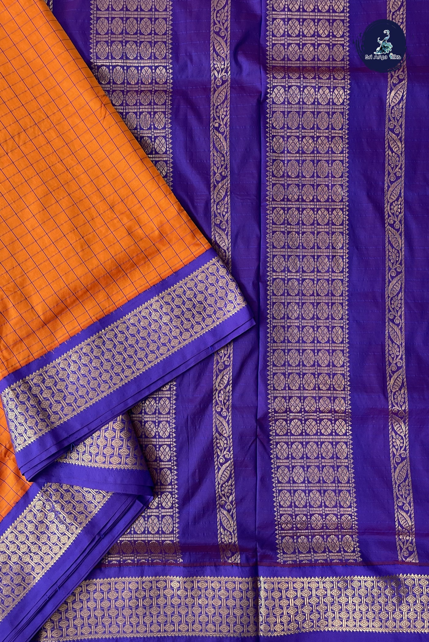 Orange Madisar Semi Silk Saree With Checked Pattern