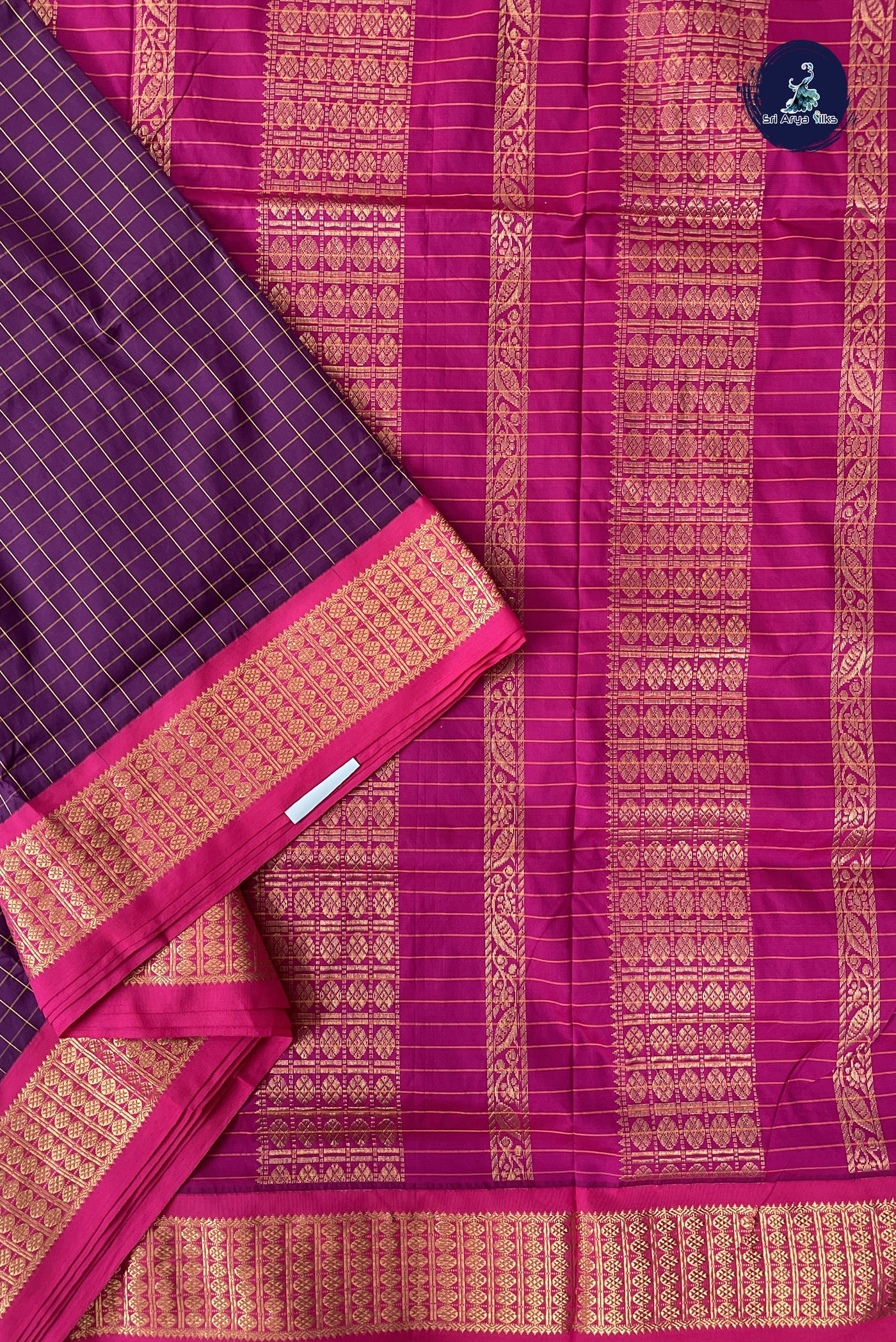 Dark Plum Madisar Semi Silk Saree With Checked Pattern