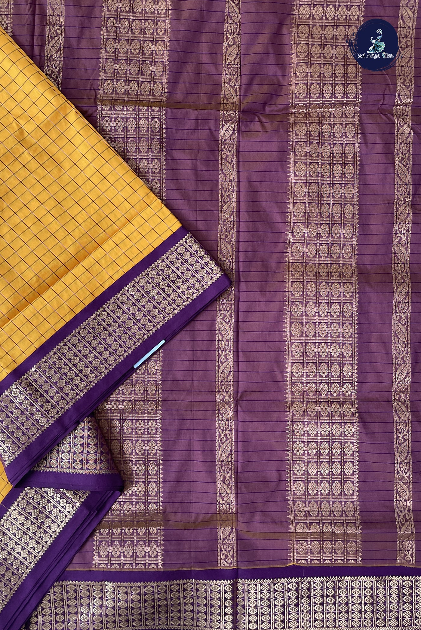 Yellow Madisar Semi Silk Saree With Checked Pattern