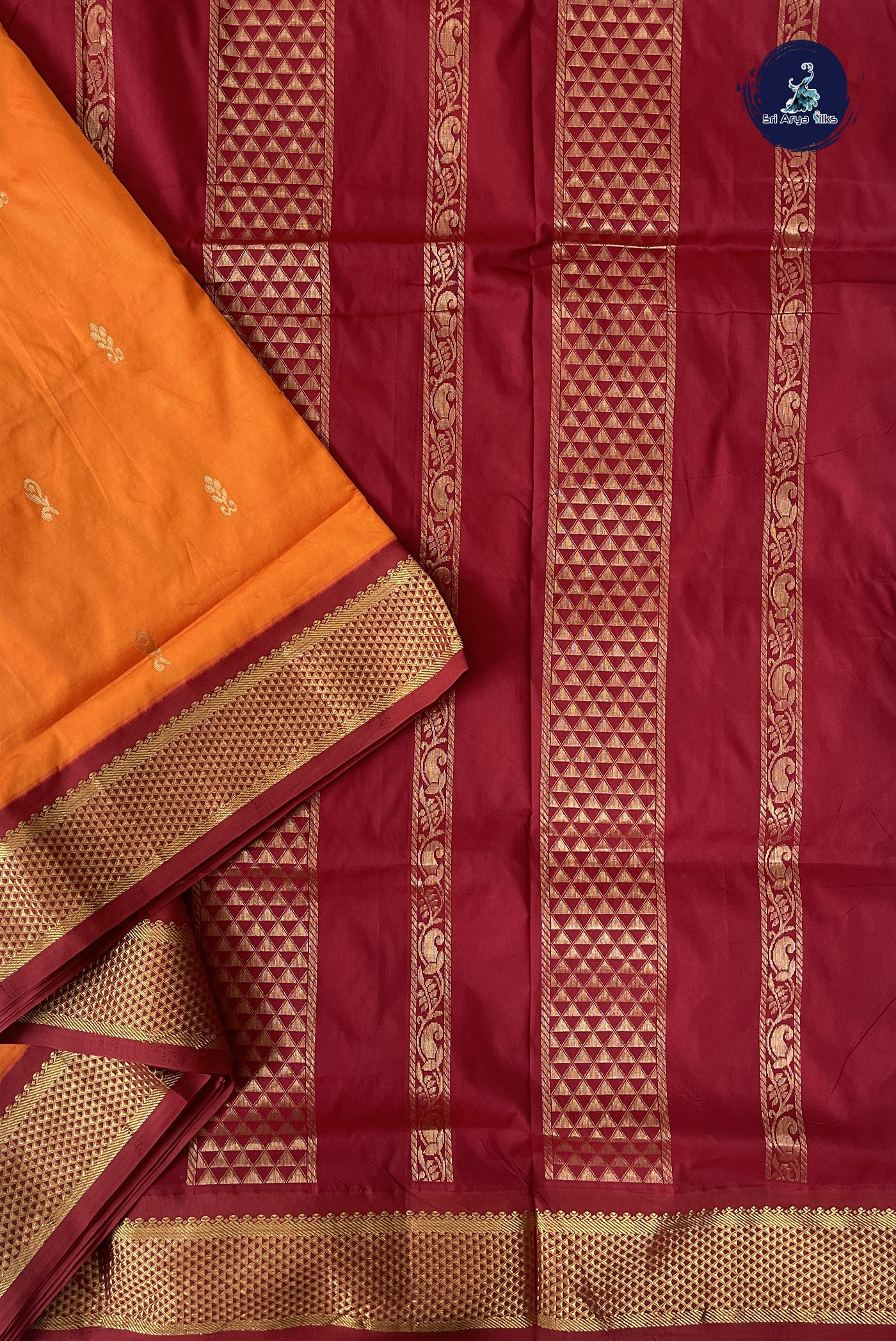 Orange Madisar Semi Silk Saree With Zari Buttas Pattern