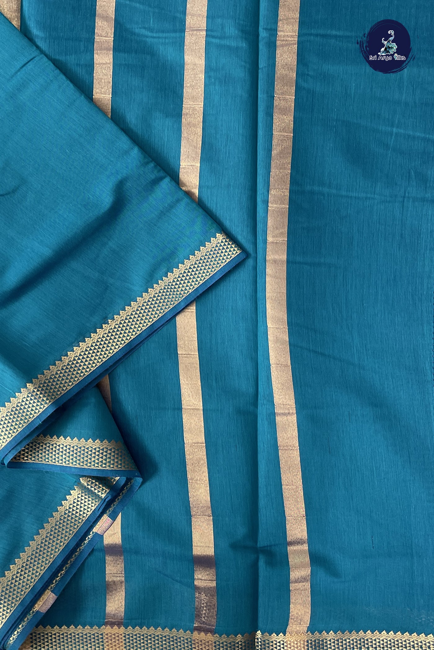 Sapphire Green Madisar Semi Silk Cotton Saree With Plain Pattern