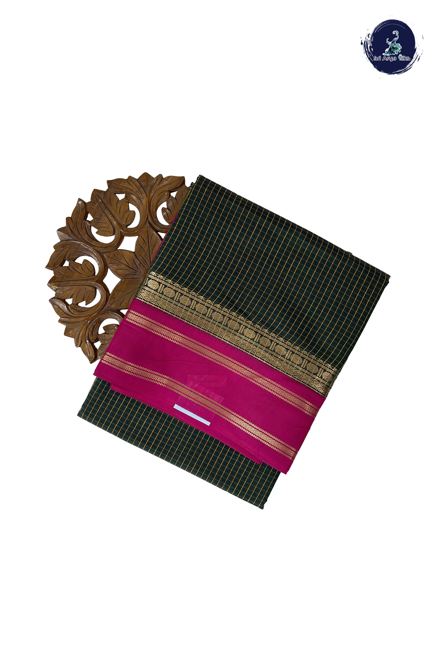 Bottle Green Madisar Semi Silk Cotton Saree With Checked Pattern