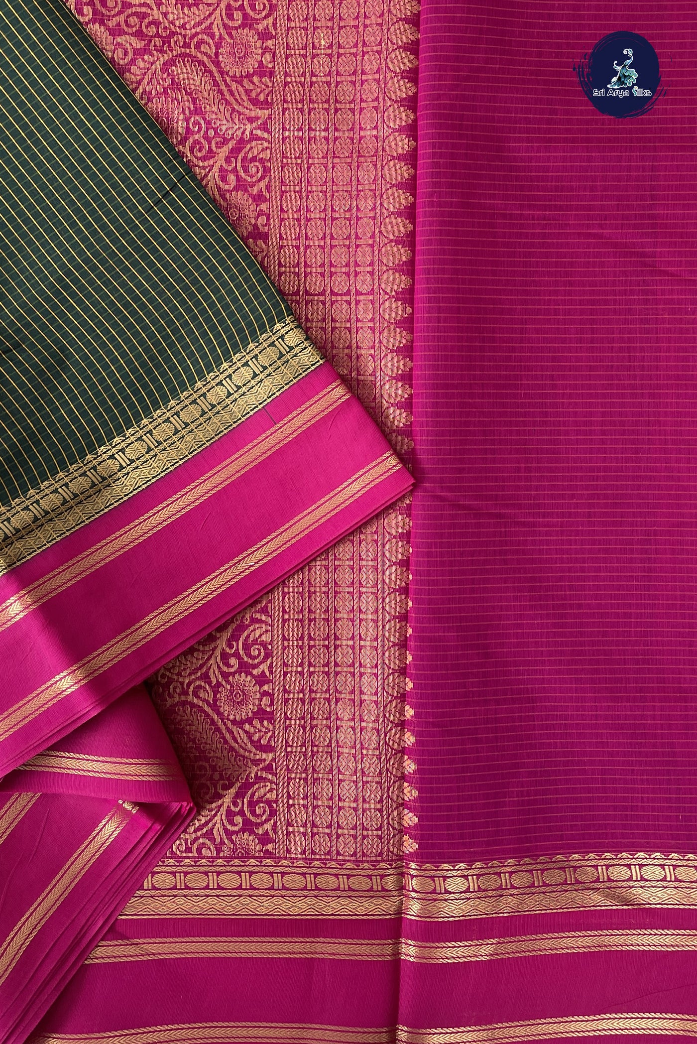 Bottle Green Madisar Semi Silk Cotton Saree With Checked Pattern