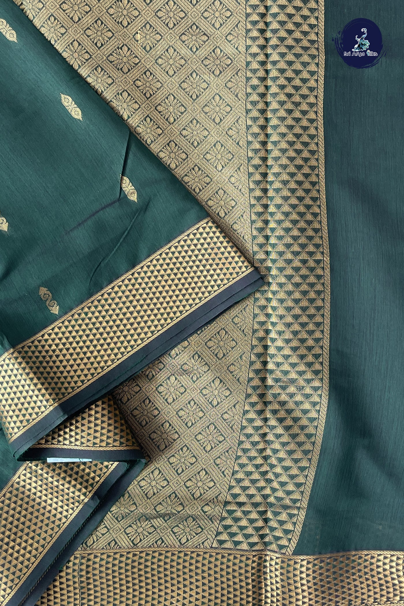 Bottle Green Madisar Semi Silk Cotton Saree With Zari Buttas Pattern
