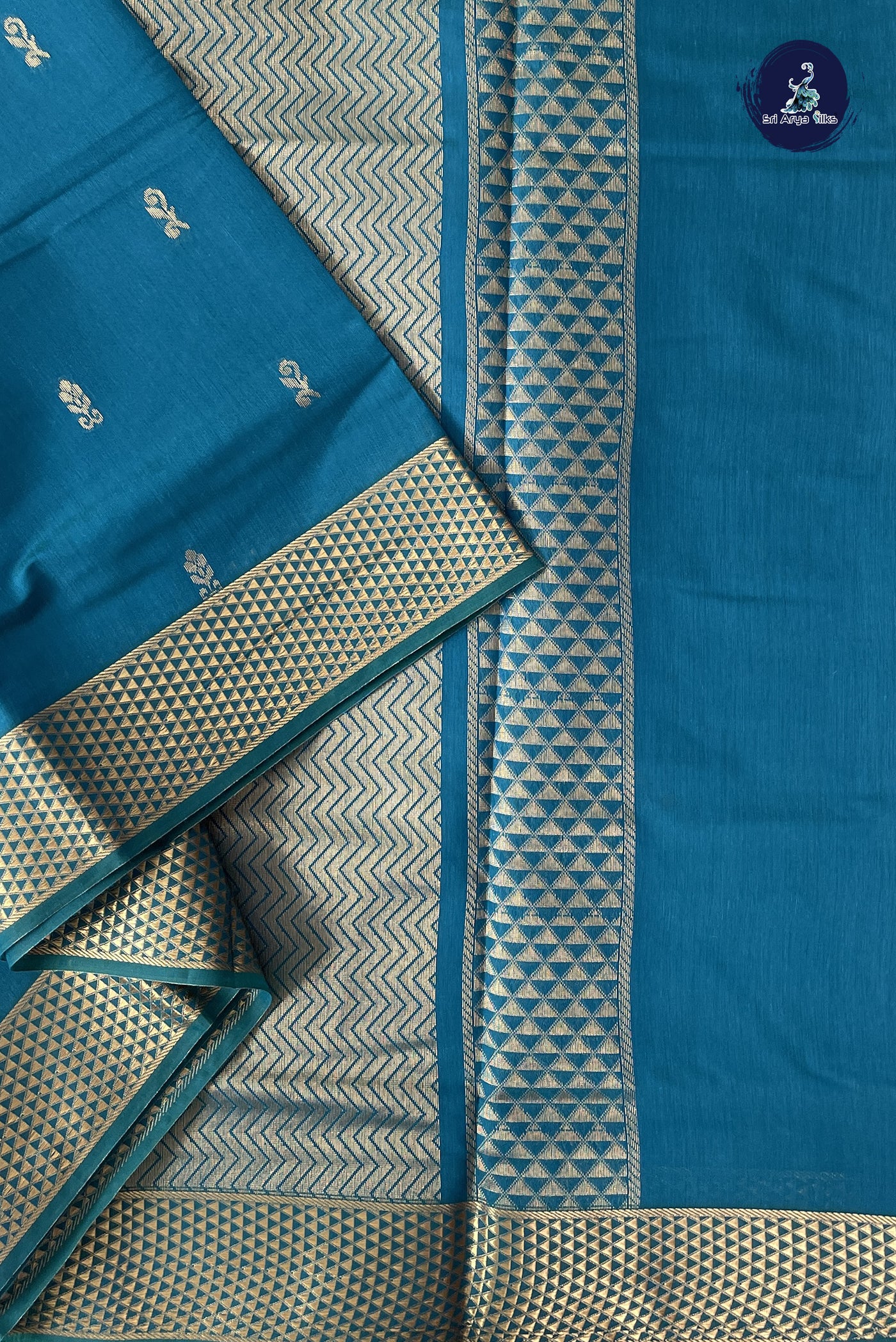 Sapphire Green Madisar Semi Silk Cotton Saree With Zari Buttas Pattern