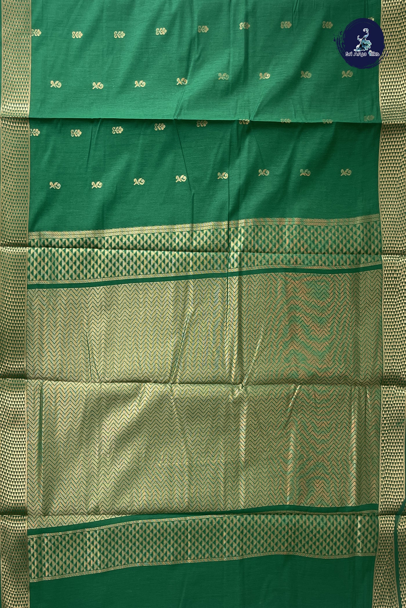 Dark Green Madisar Semi Silk Cotton Saree With Zari Buttas Pattern