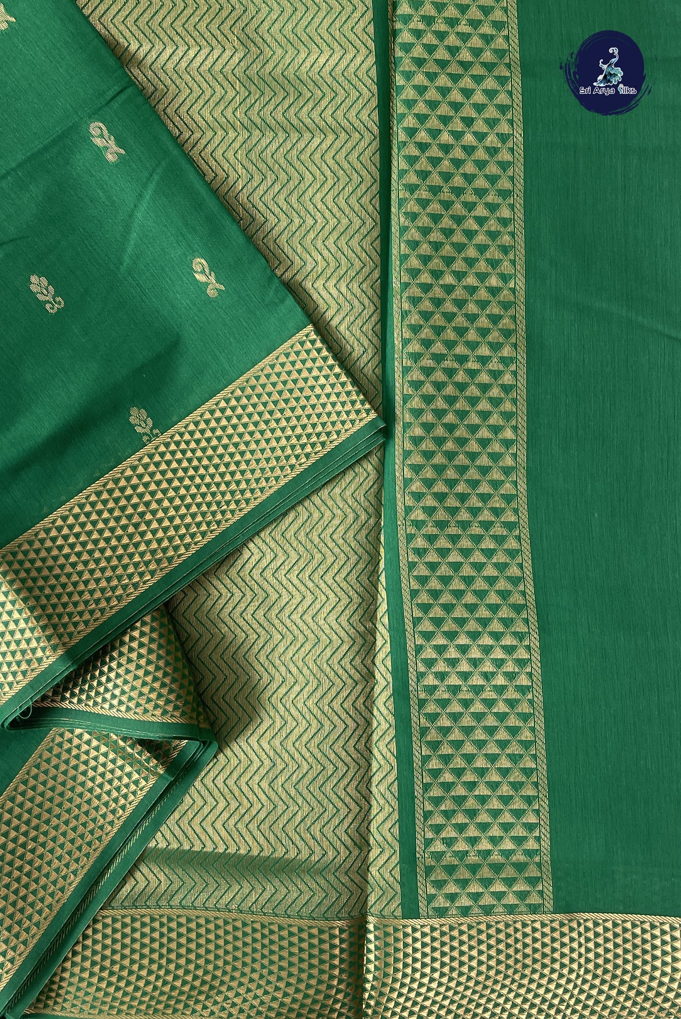 Dark Green Madisar Semi Silk Cotton Saree With Zari Buttas Pattern