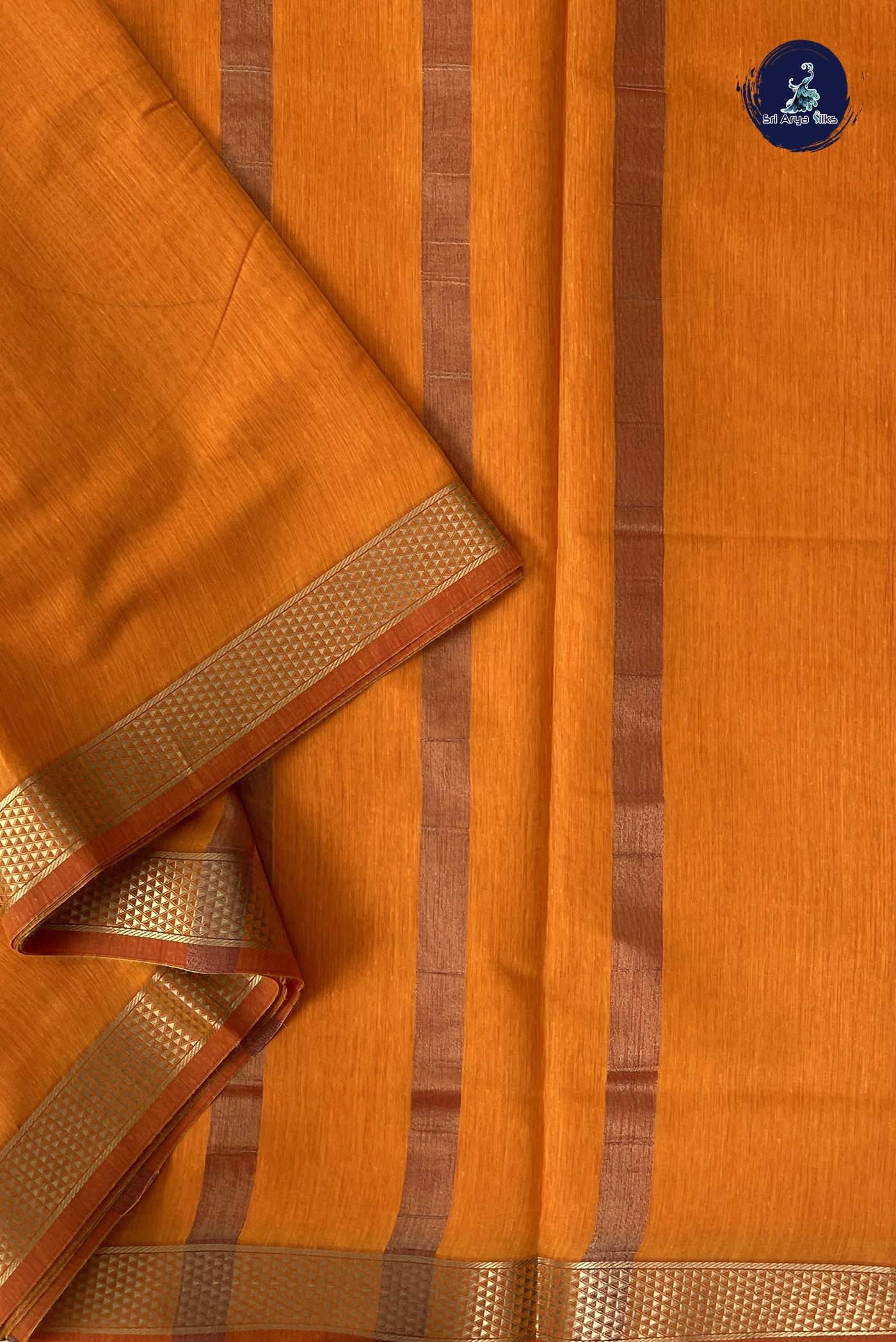 Yellowish Orange Madisar Semi Silk Cotton Saree With Plain Pattern