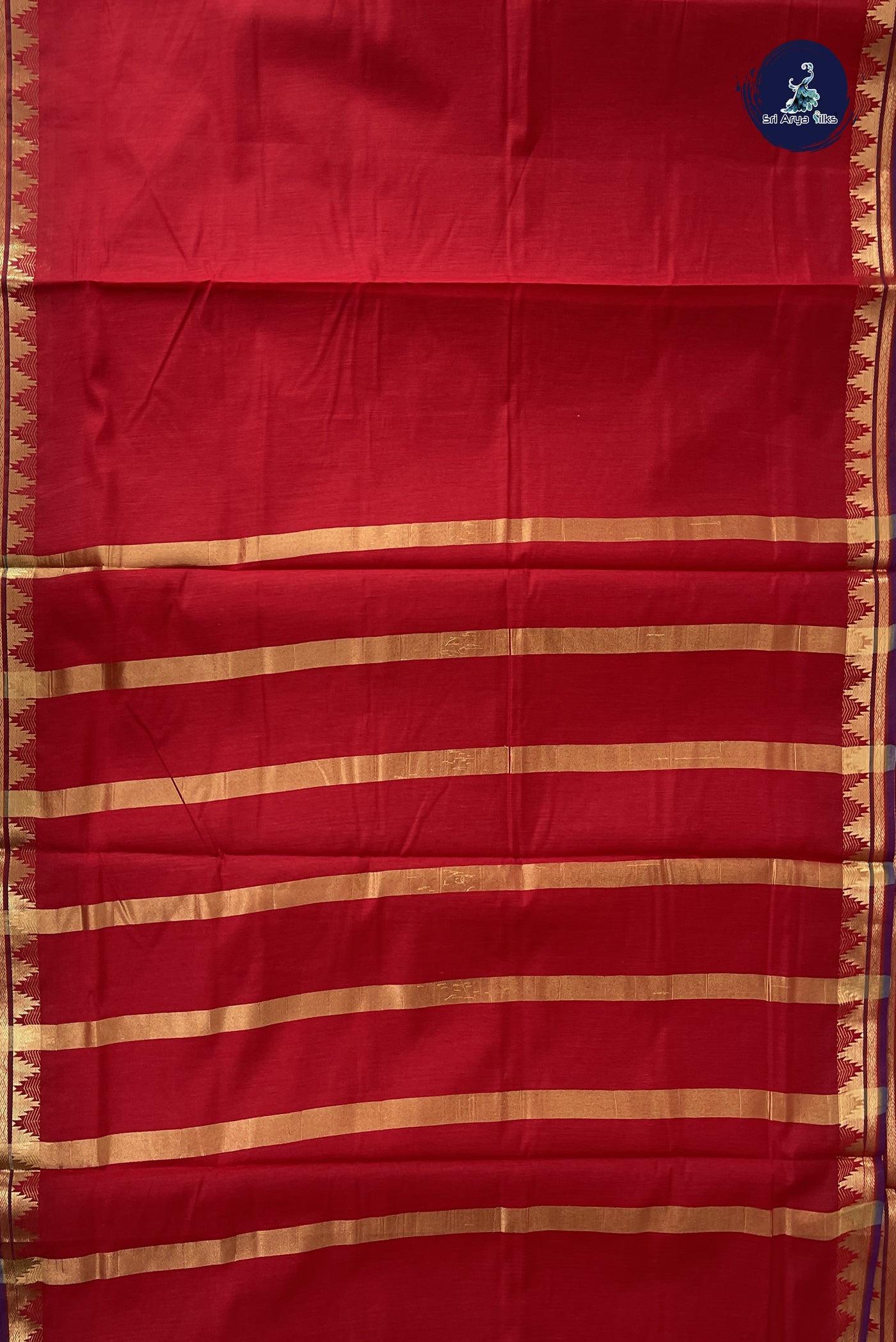 Red Madisar Semi Silk Cotton Saree With Plain Pattern