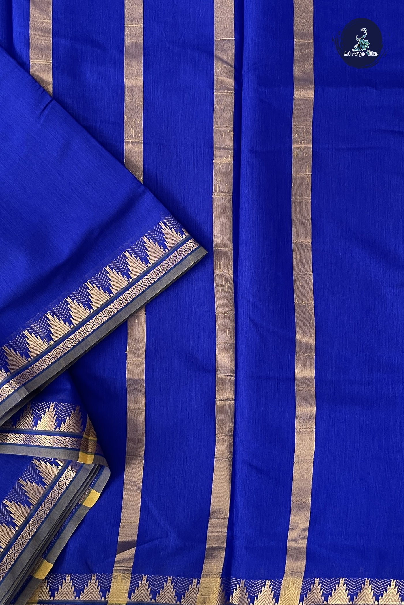 Blue Madisar Semi Silk Cotton Saree With Plain Pattern