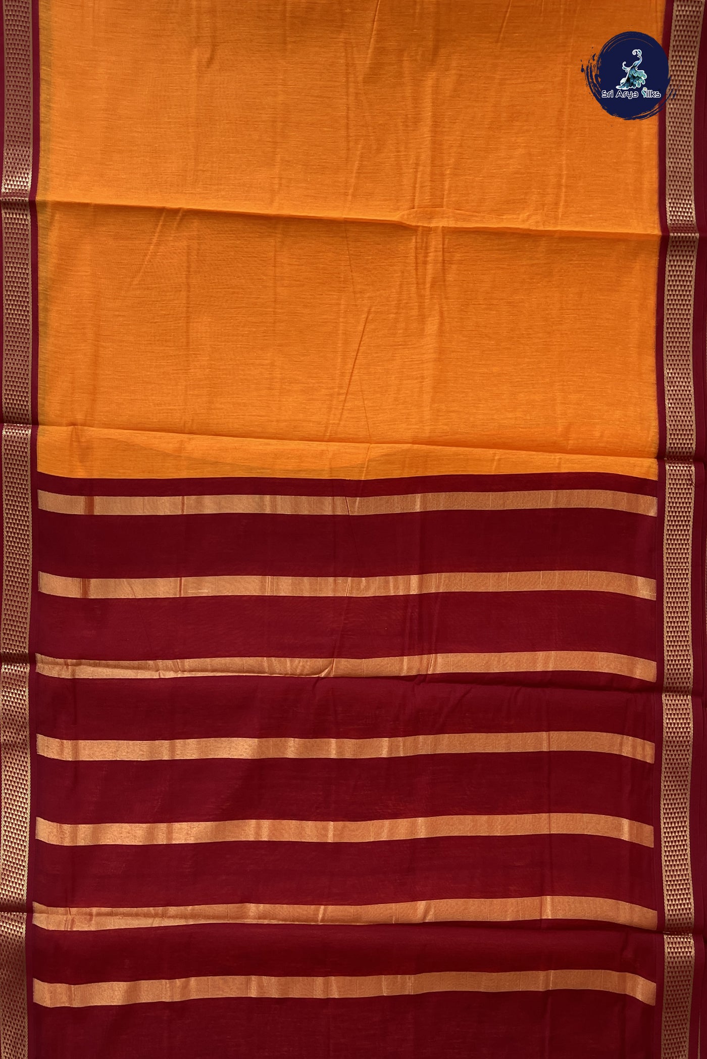 Yellowish Orange Madisar Semi Silk Cotton Saree With Plain Pattern