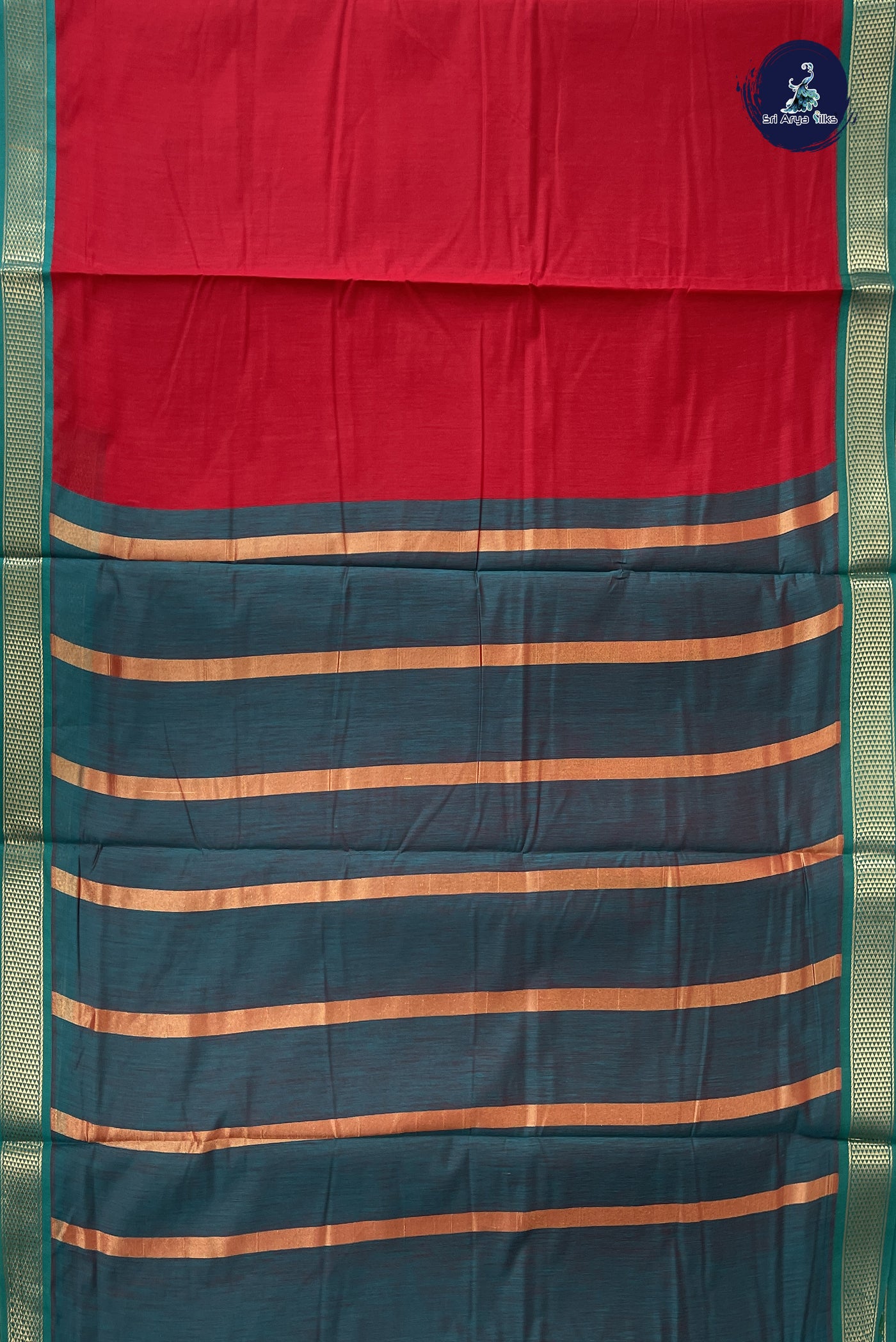 Red Madisar Semi Silk Cotton Saree With Plain Pattern