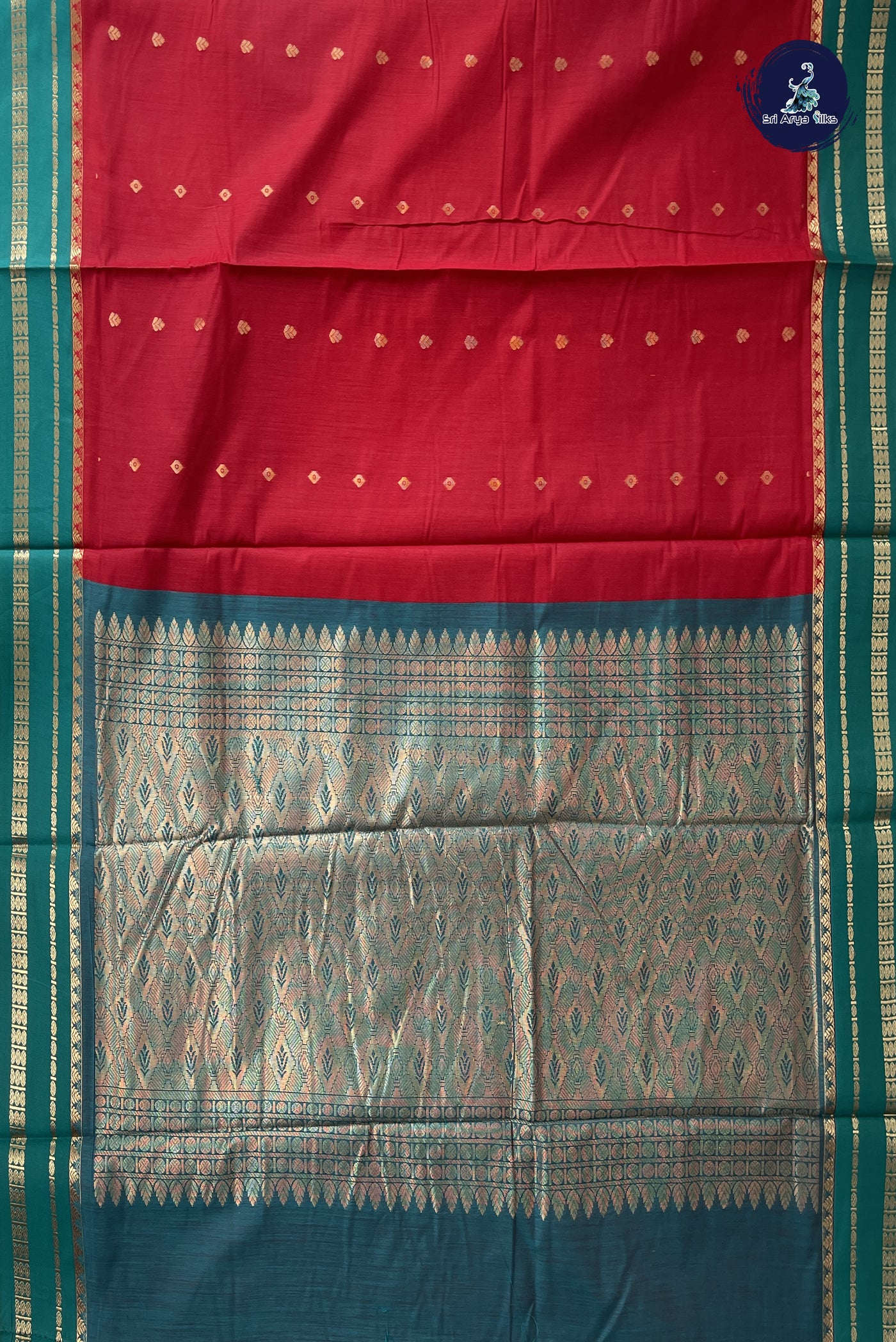 Red Madisar Semi Silk Cotton Saree With Zari Buttas Pattern