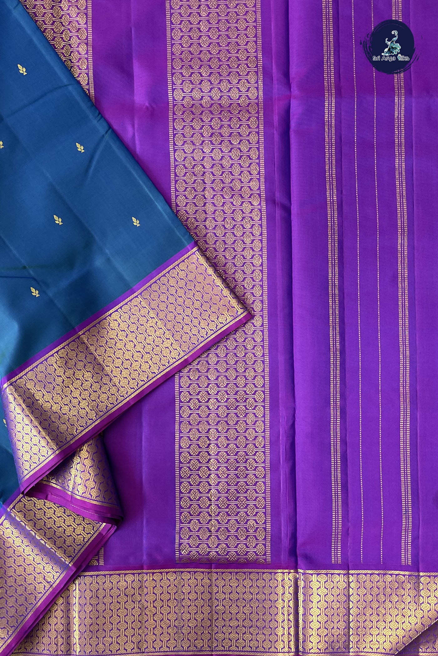 Peacock Blue Madisar 10 Yards Silk Saree With Zari Buttas Pattern