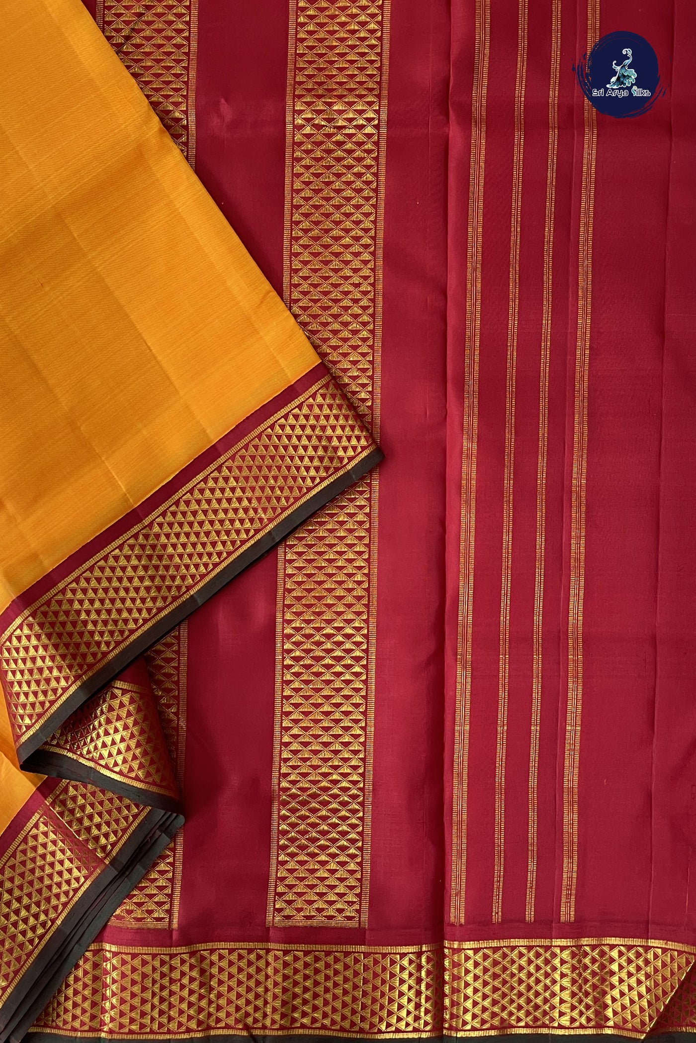 Mango Yellow Madisar 10 Yards Silk Saree With Plain Pattern
