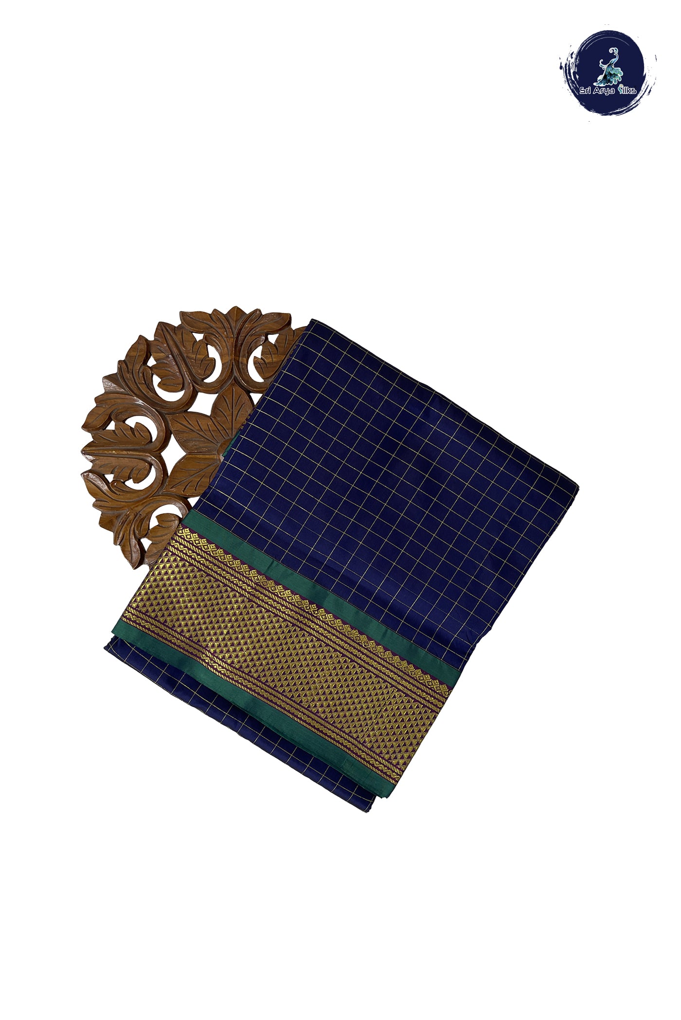 Navy Blue 10 Yards Semi Silk With Zari Checked Pattern