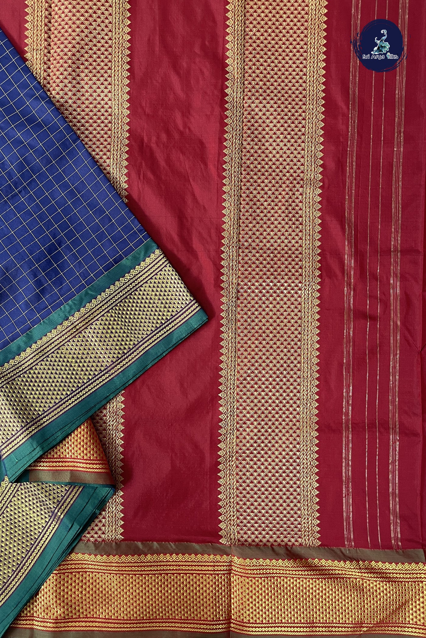 Navy Blue 10 Yards Semi Silk With Zari Checked Pattern
