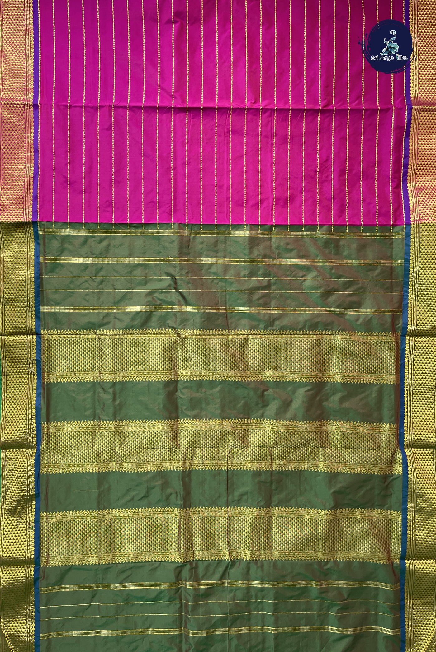 Magenta 10 Yards Semi Silk With Veldhari Stripes Pattern