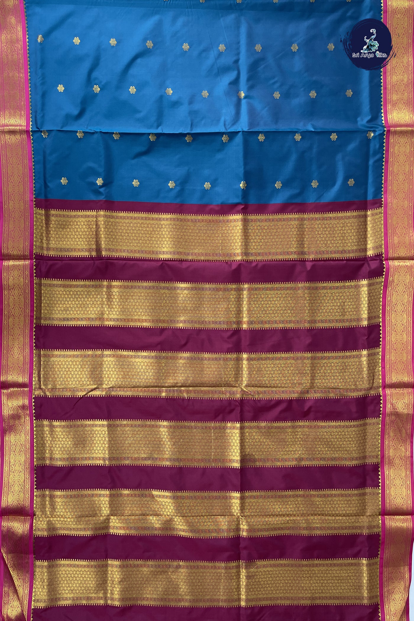 Peacock Blue 10 Yards Semi Silk With Zari Buttas Pattern