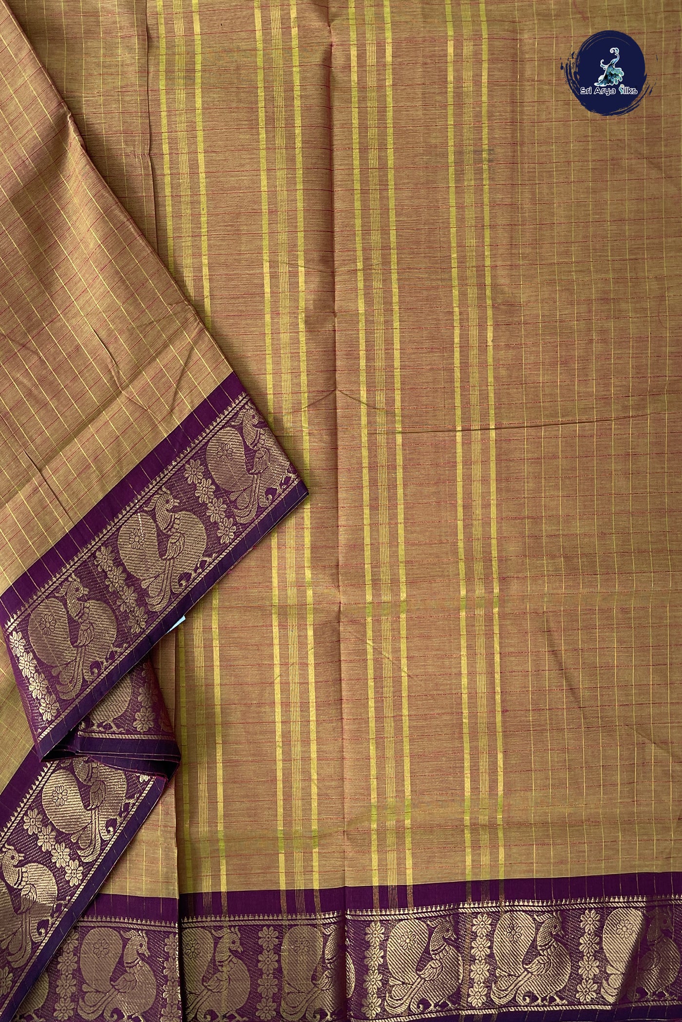 Mustard 10 Yards Madisar Cotton Saree With Checked Pattern
