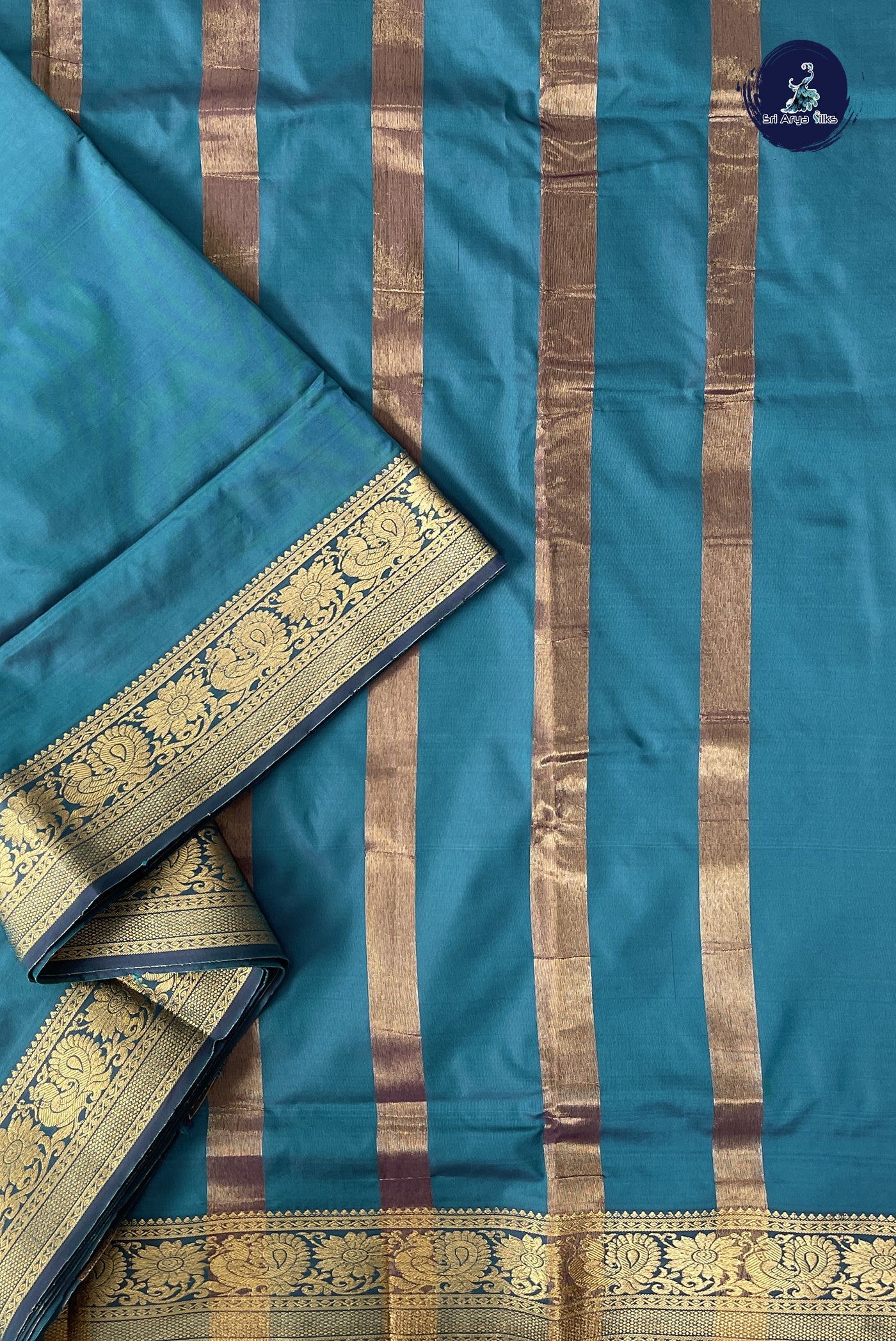 Teal 10 Yards Semi Silk With Plain Pattern