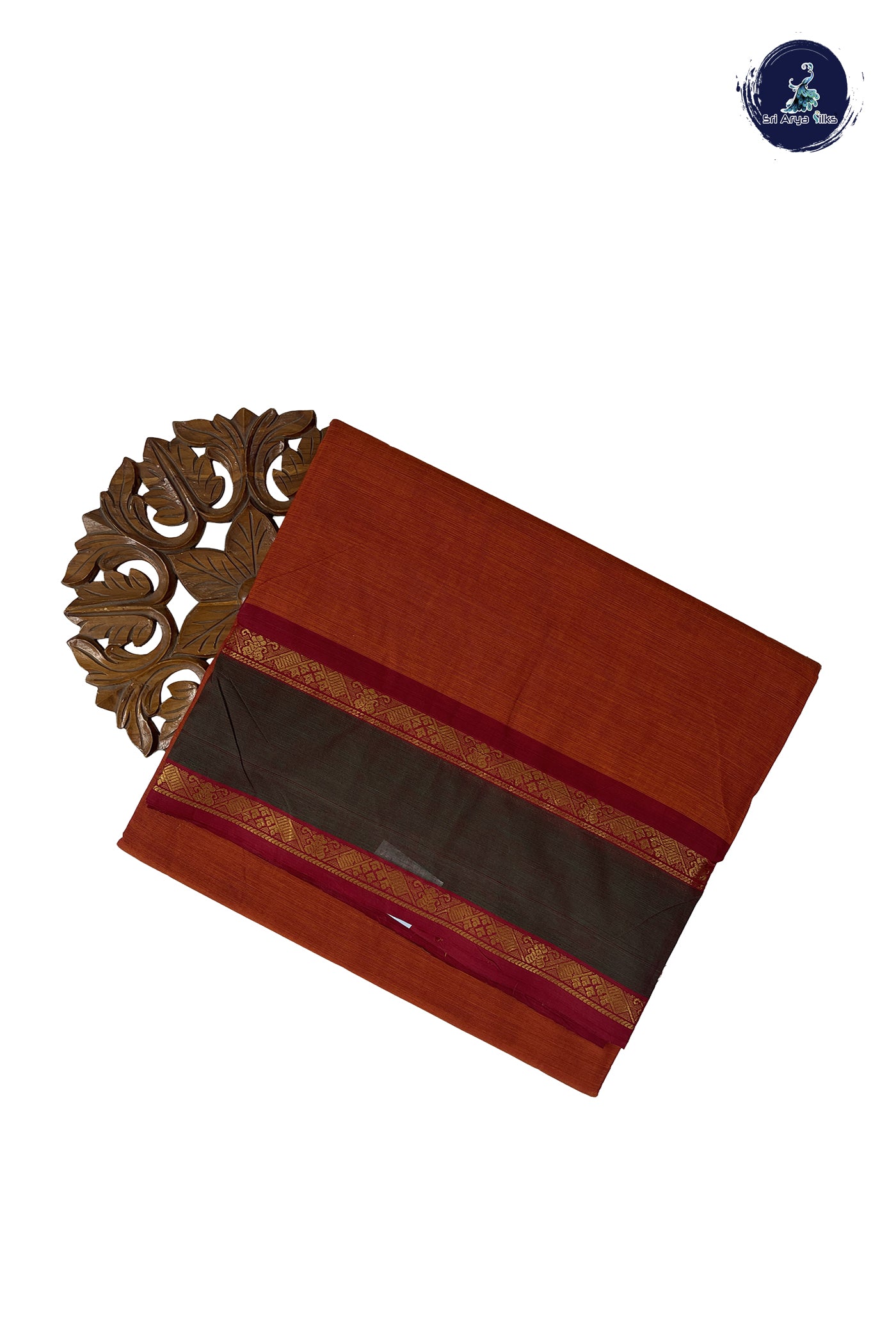 Rust Madisar Cotton Saree With Plain Pattern