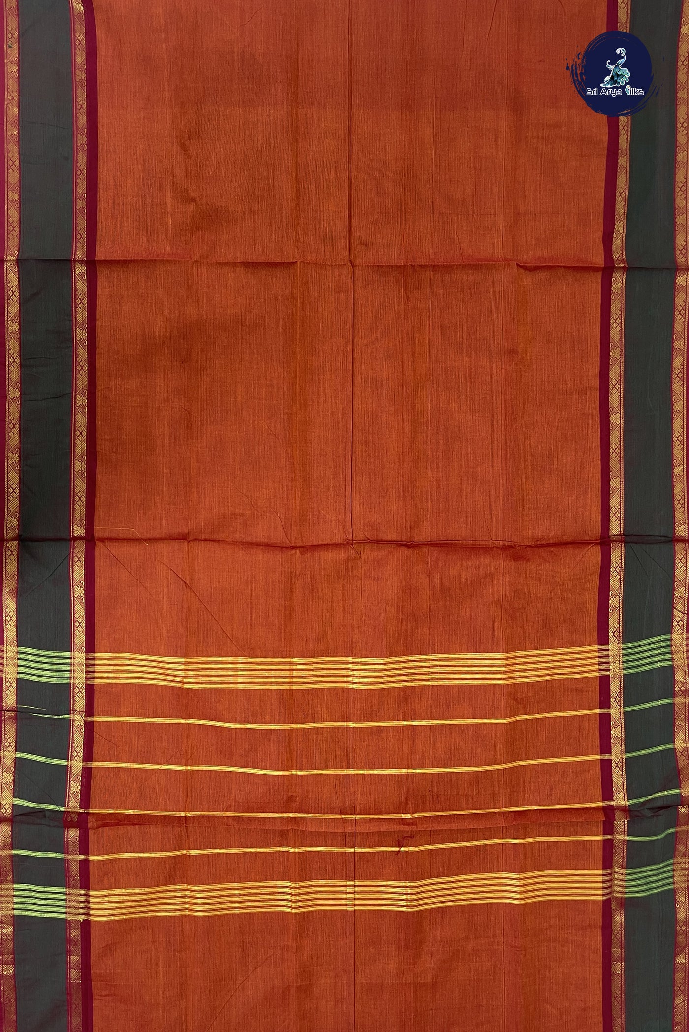 Rust Madisar Cotton Saree With Plain Pattern