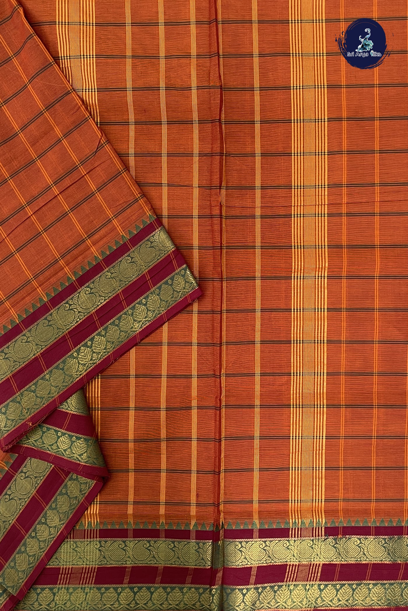 Rust Madisar Cotton Saree With Checked Pattern