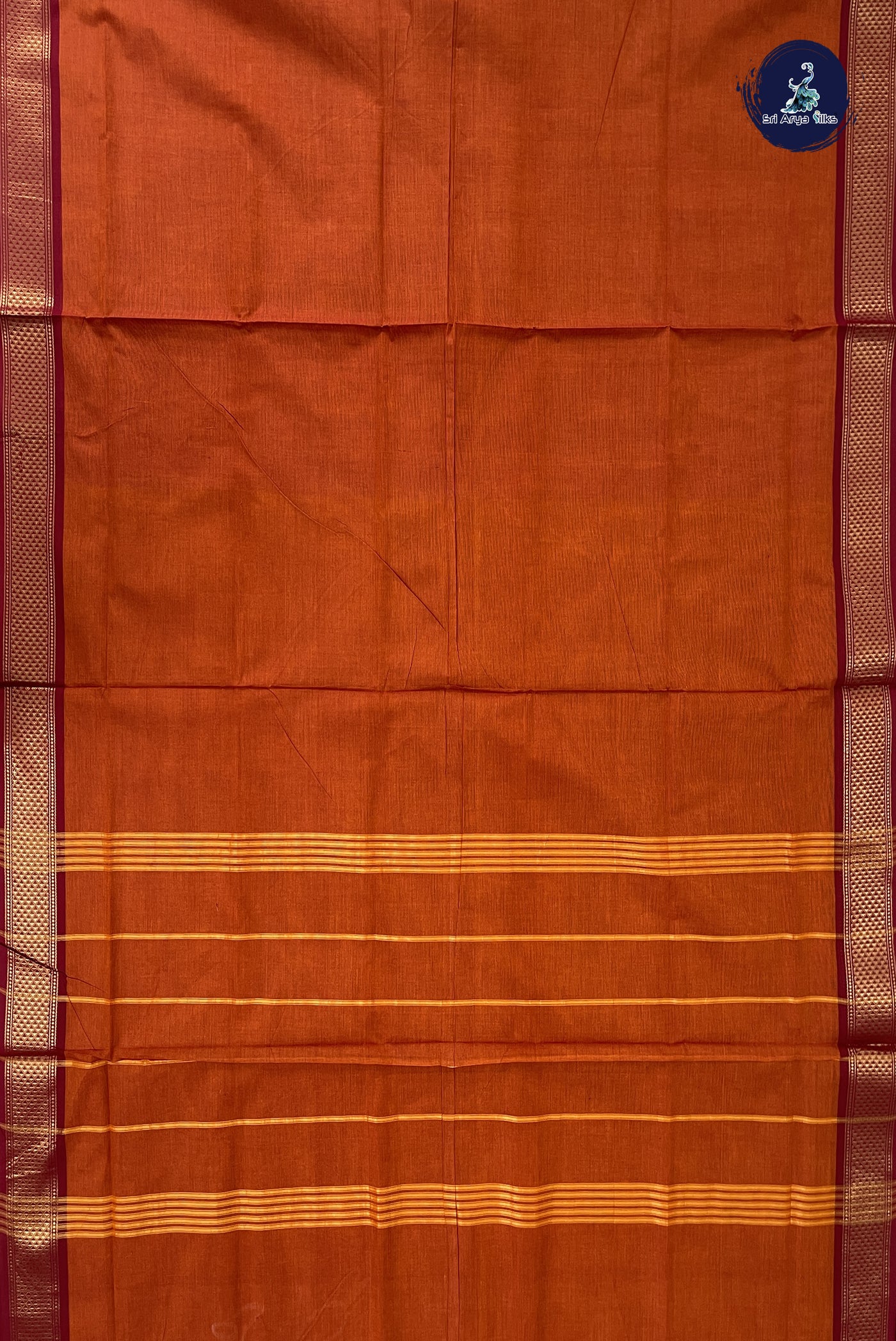 Rust Madisar Cotton Saree With Plain Pattern