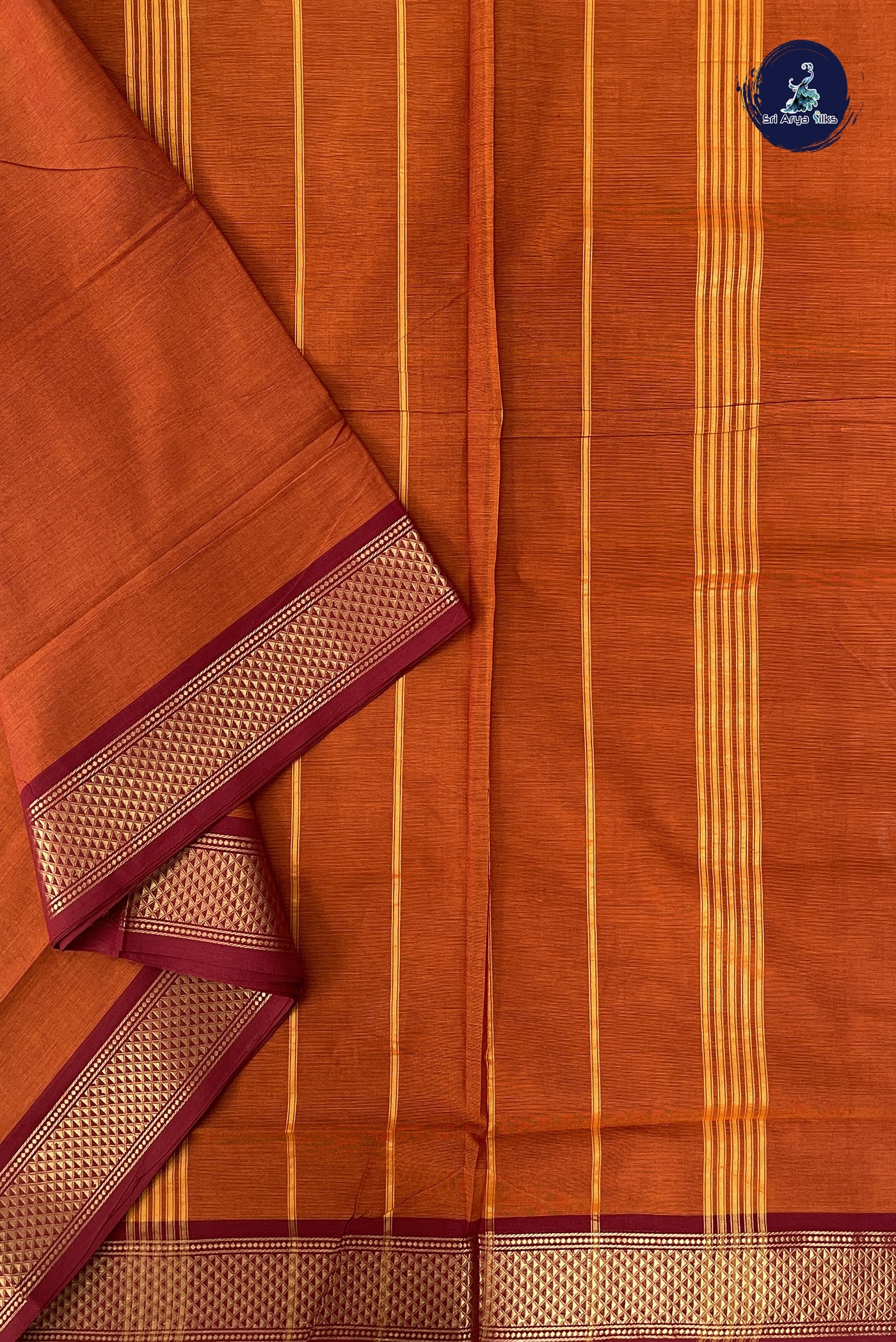 Rust Madisar Cotton Saree With Plain Pattern