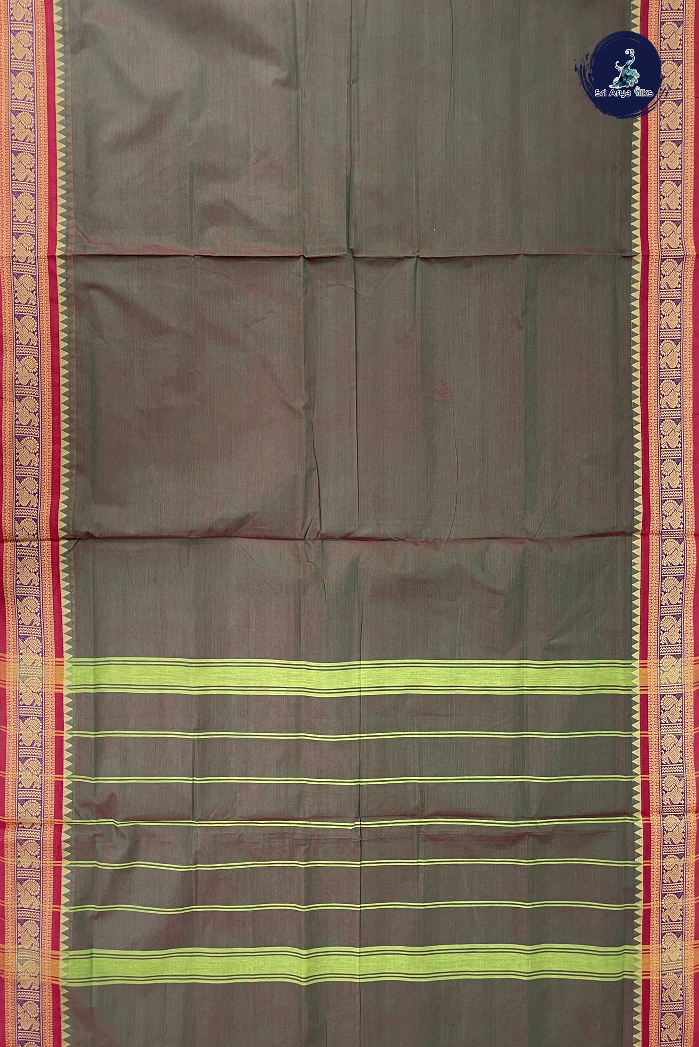 Green Madisar Cotton Saree With Plain Pattern