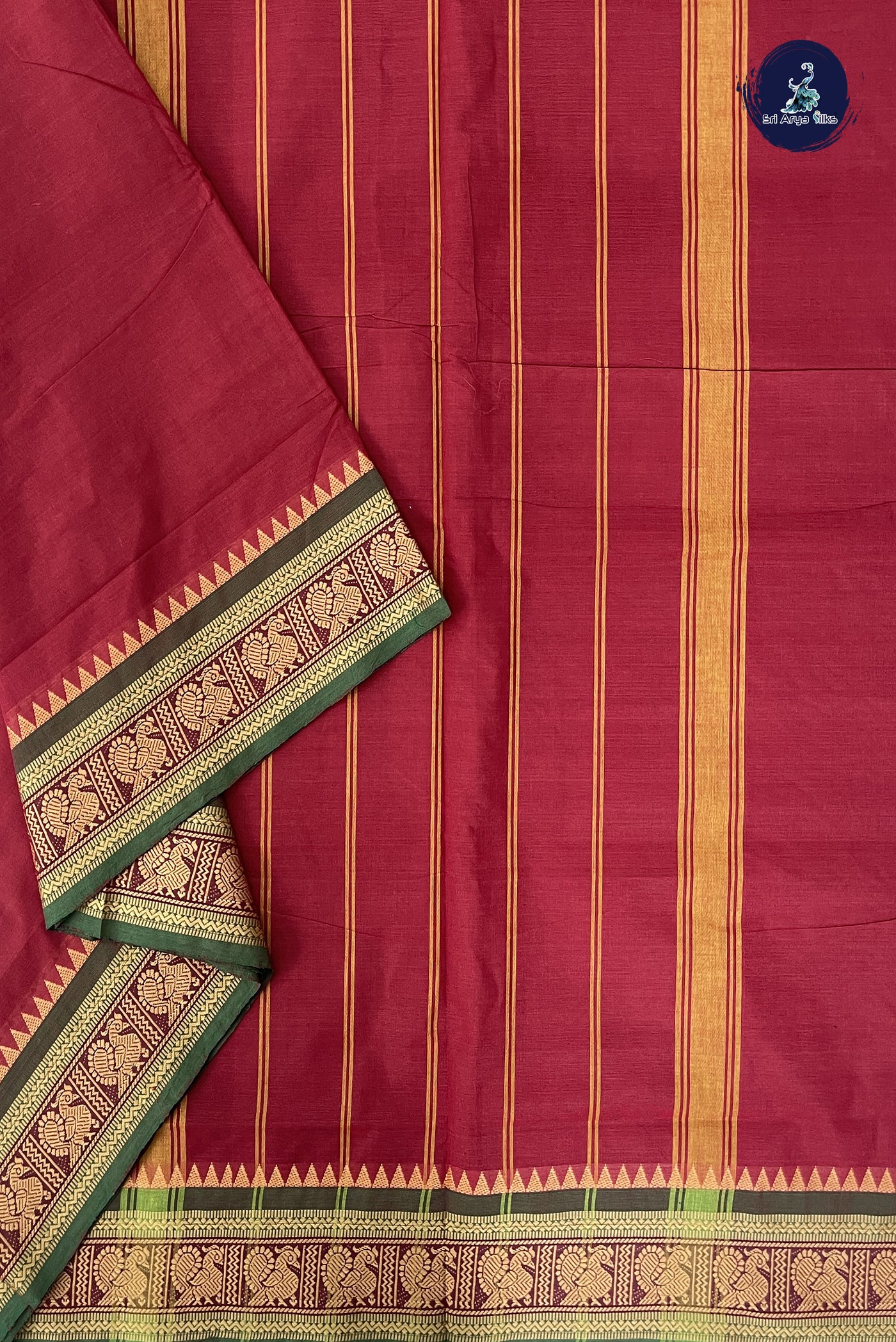 Maroon Madisar Cotton Saree With Plain Pattern