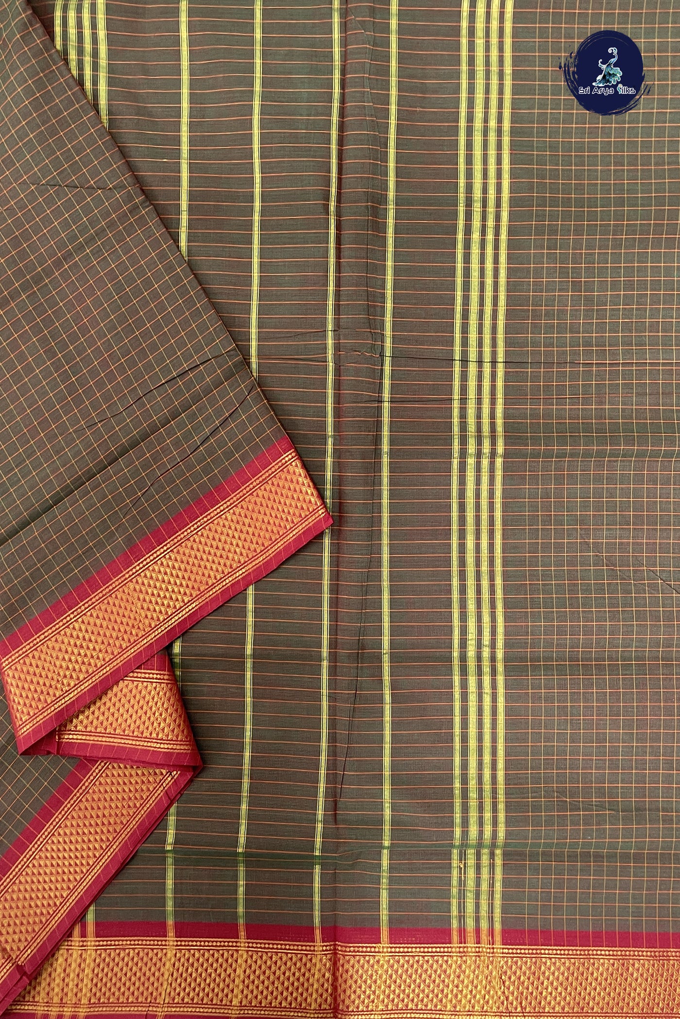 Dual Tone Green Madisar Cotton Saree With Checked Pattern