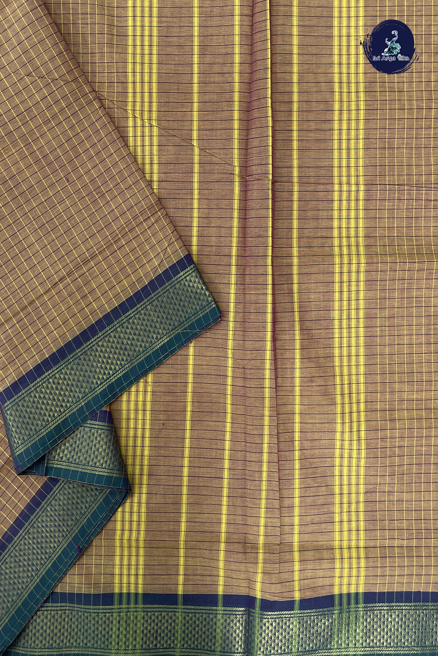 Mustard Yellow Madisar Cotton Saree With Checked Pattern