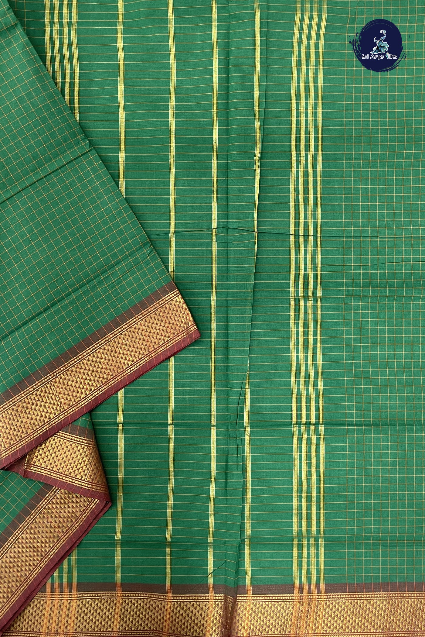 Green Madisar Cotton Saree With Checked Pattern
