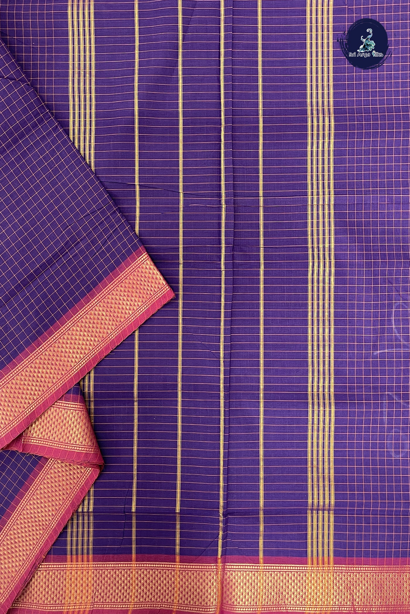 Violet Madisar Cotton Saree With Checked Pattern