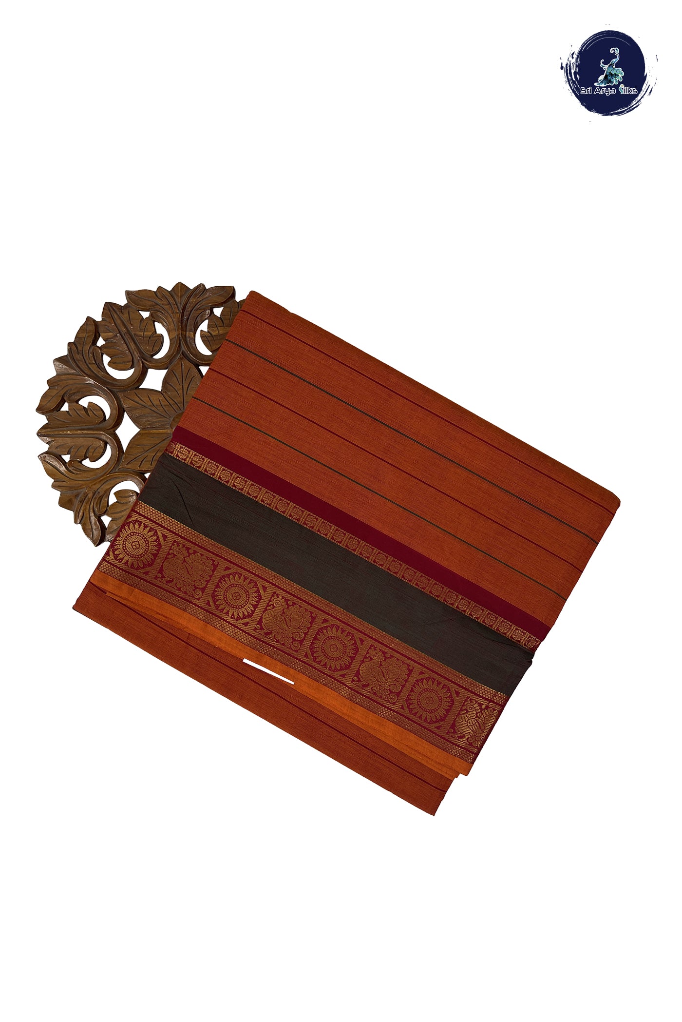 Rust Madisar Cotton Saree With Stripes Pattern