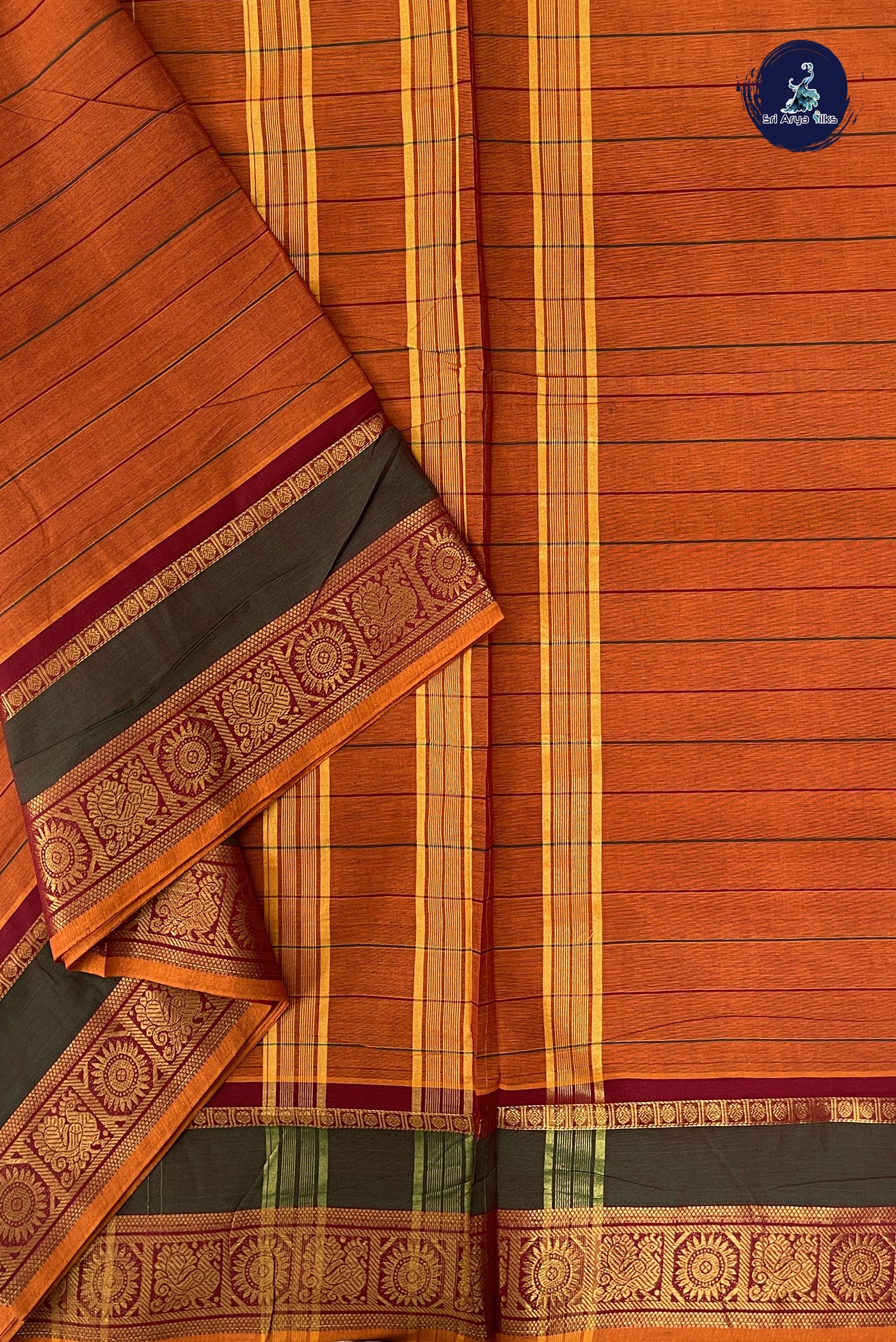 Rust Madisar Cotton Saree With Stripes Pattern