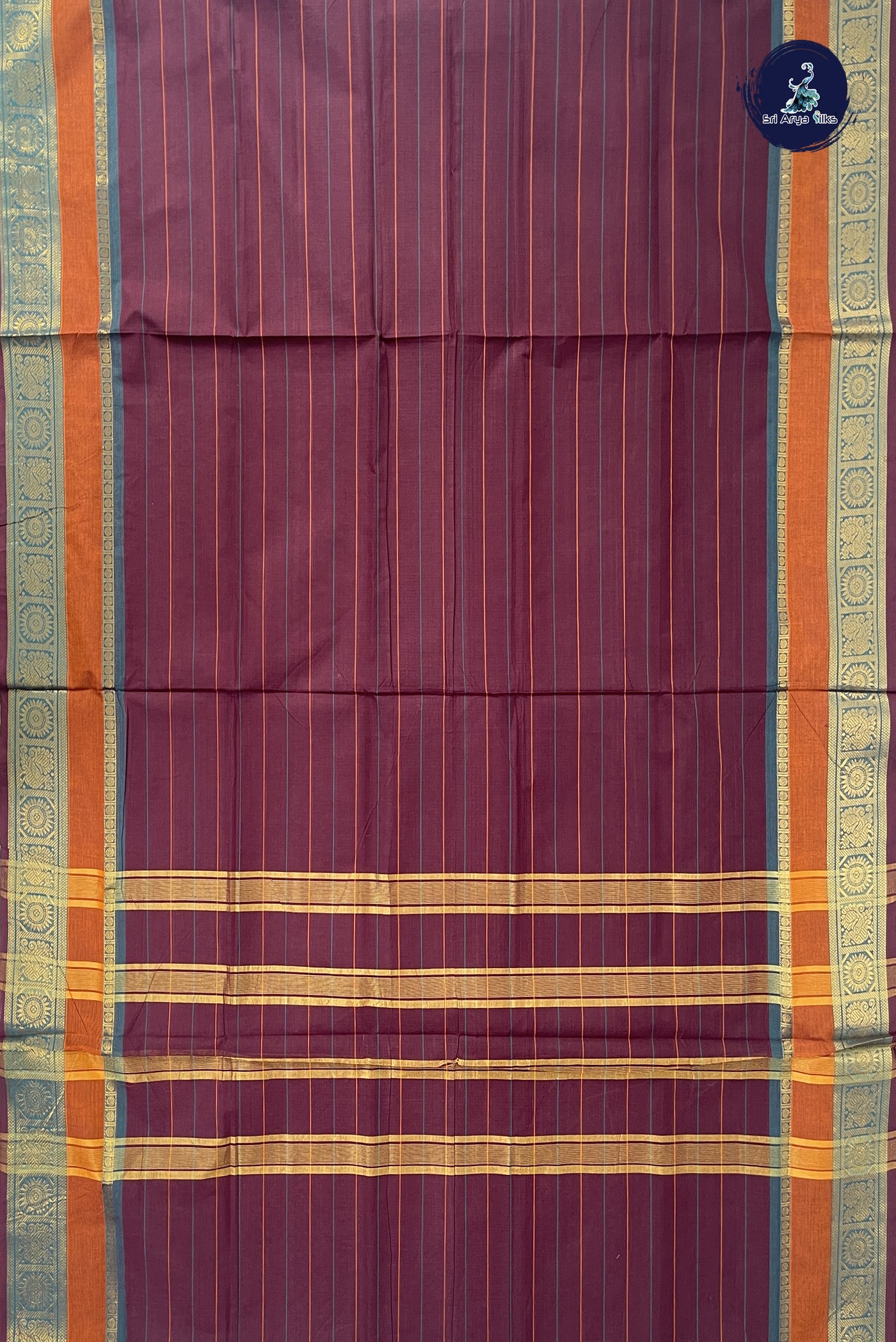 Coffee Brown Madisar Cotton Saree With Stripes Pattern
