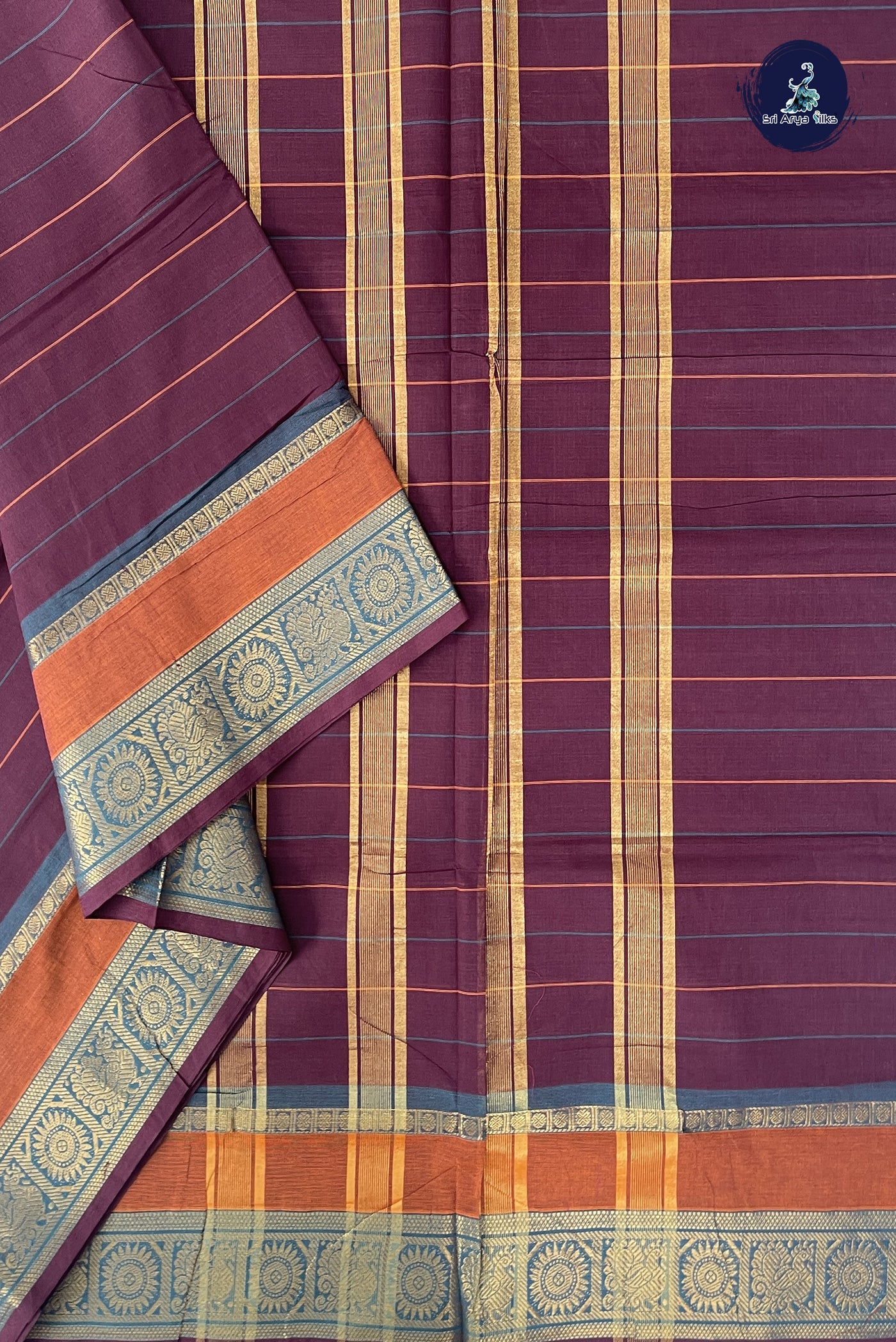 Coffee Brown Madisar Cotton Saree With Stripes Pattern