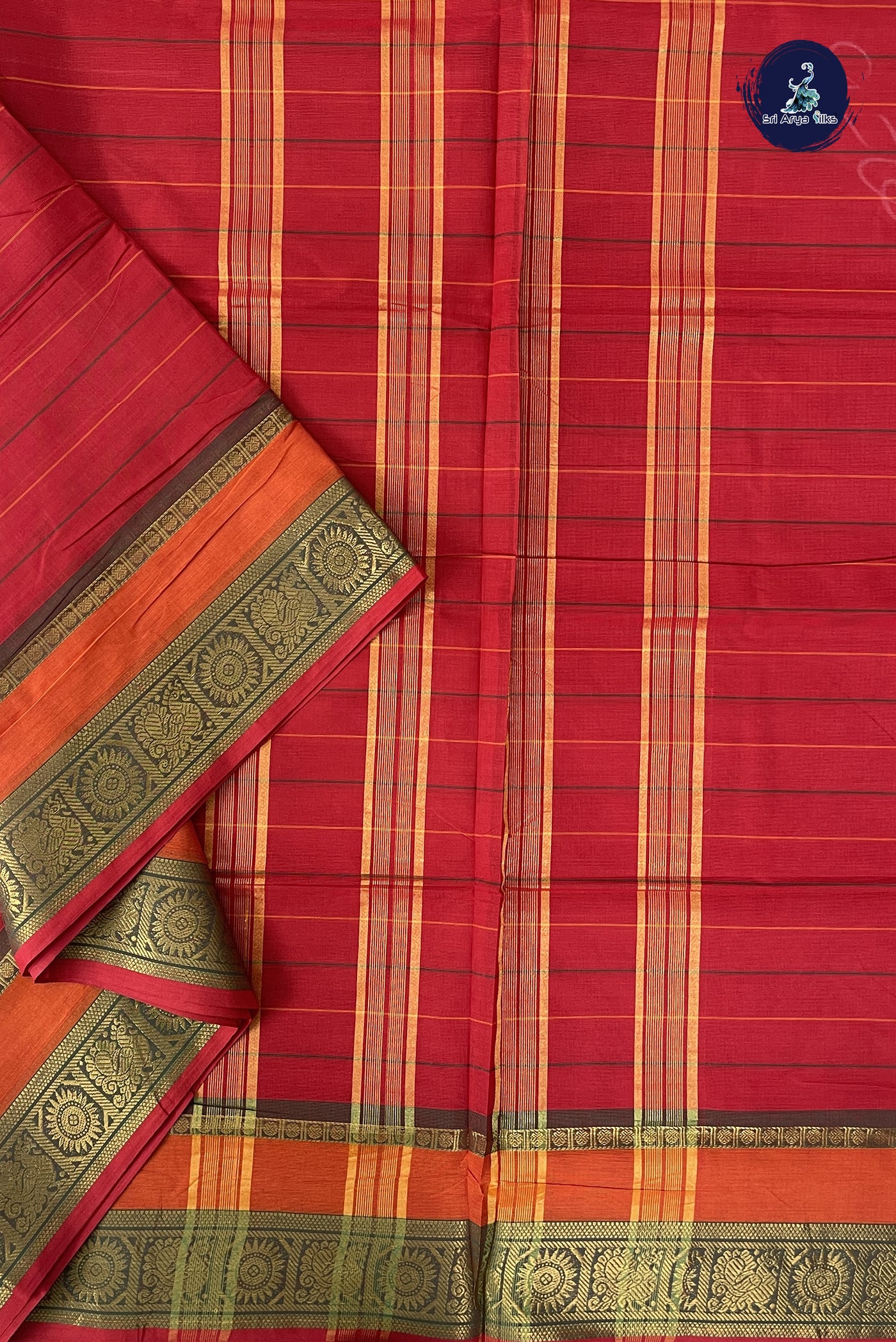 Red Madisar Cotton Saree With Stripes Pattern