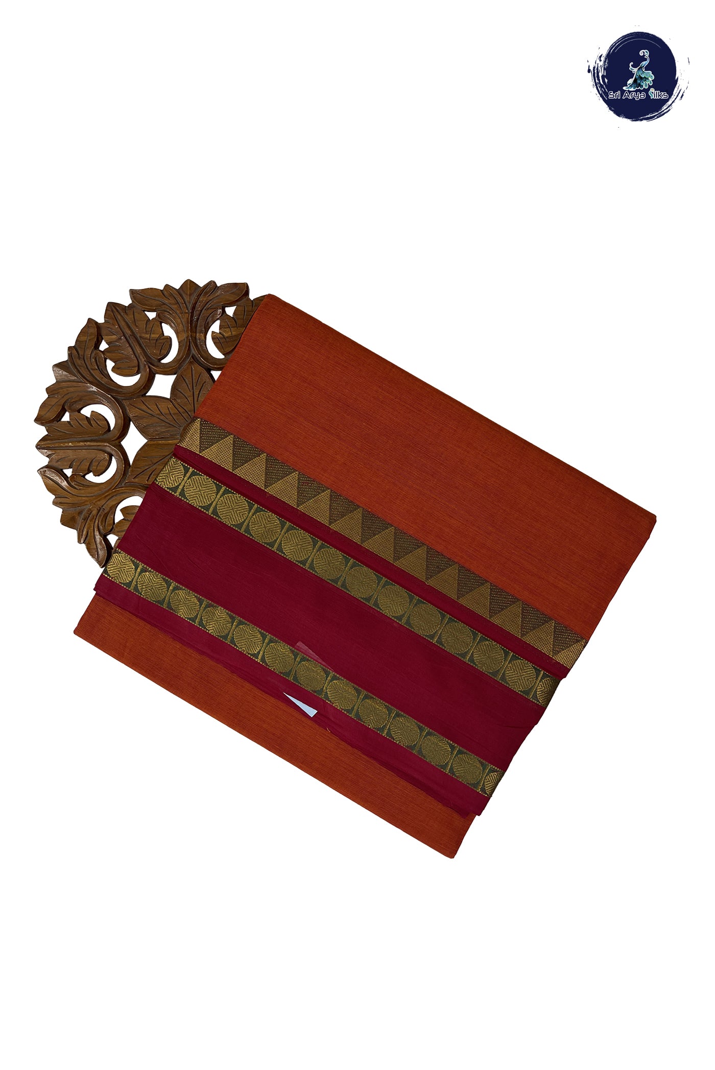 Rust Madisar Cotton Saree With Plain Pattern