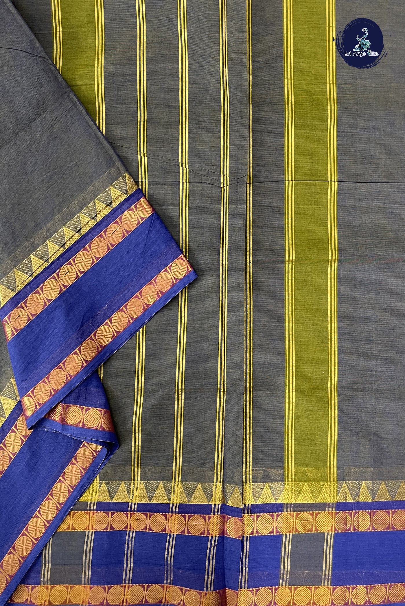 Bluish Grey Madisar Cotton Saree With Plain Pattern