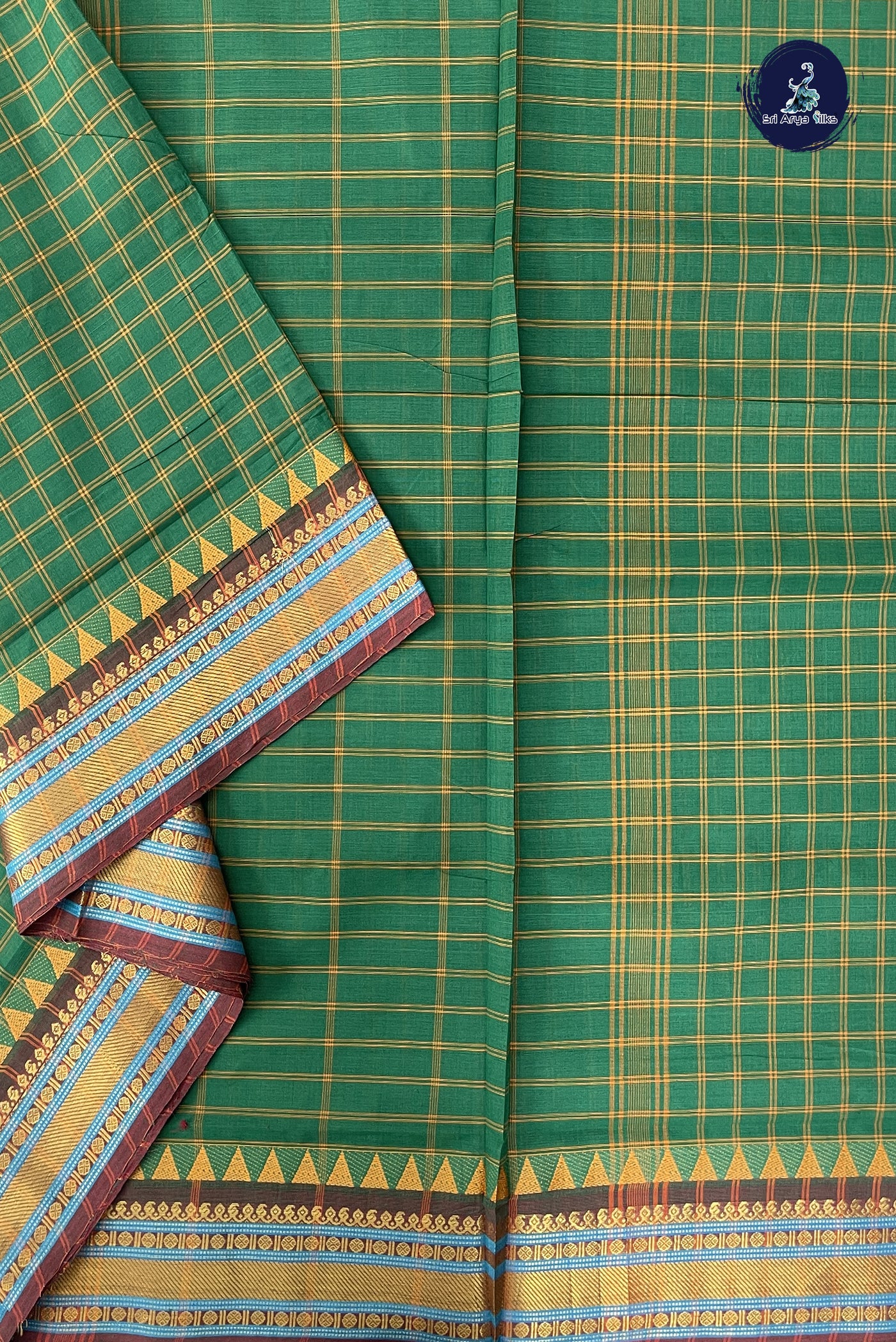 Green Madisar Cotton Saree With Checked Pattern
