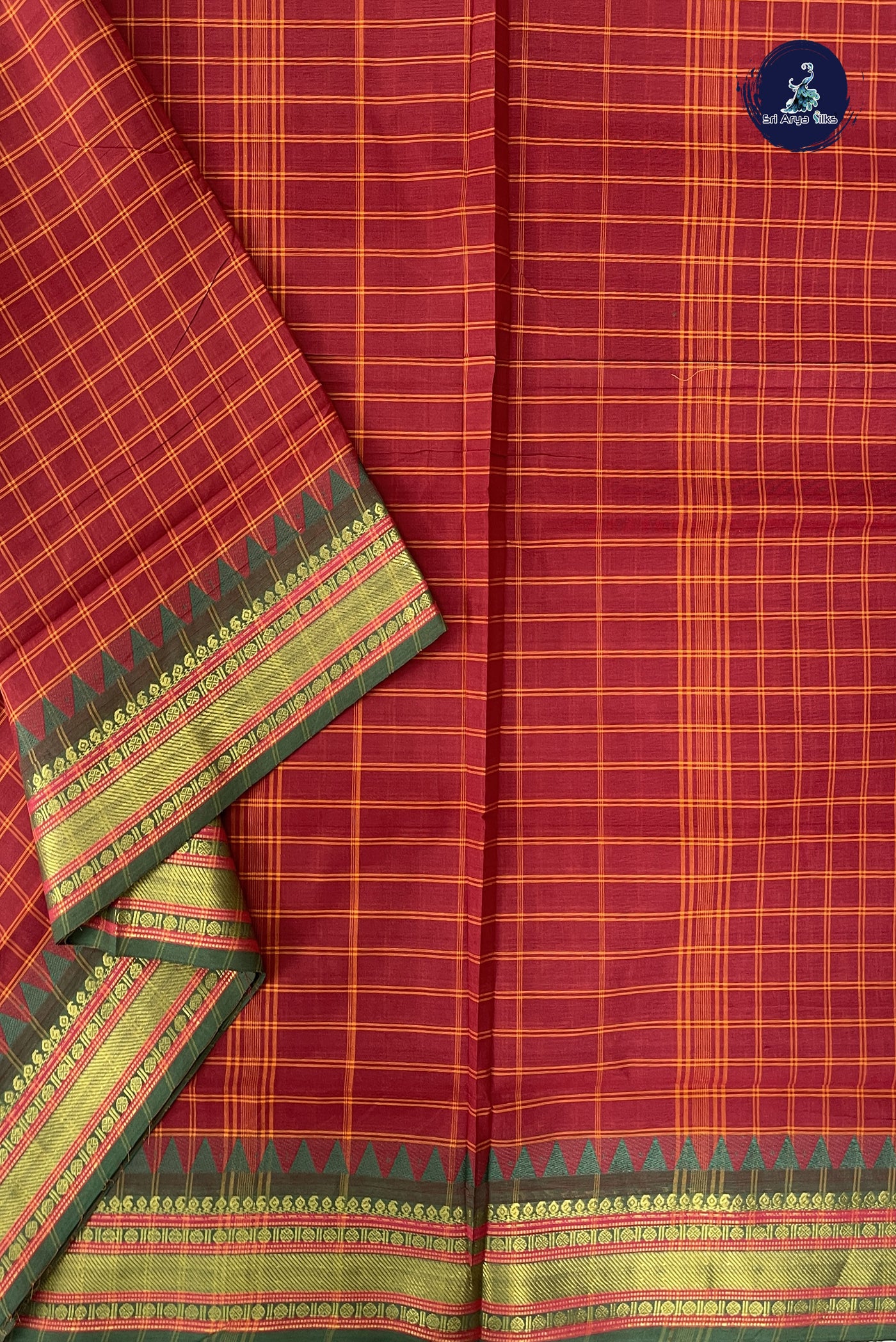 Maroon Madisar Cotton Saree With Checked Pattern
